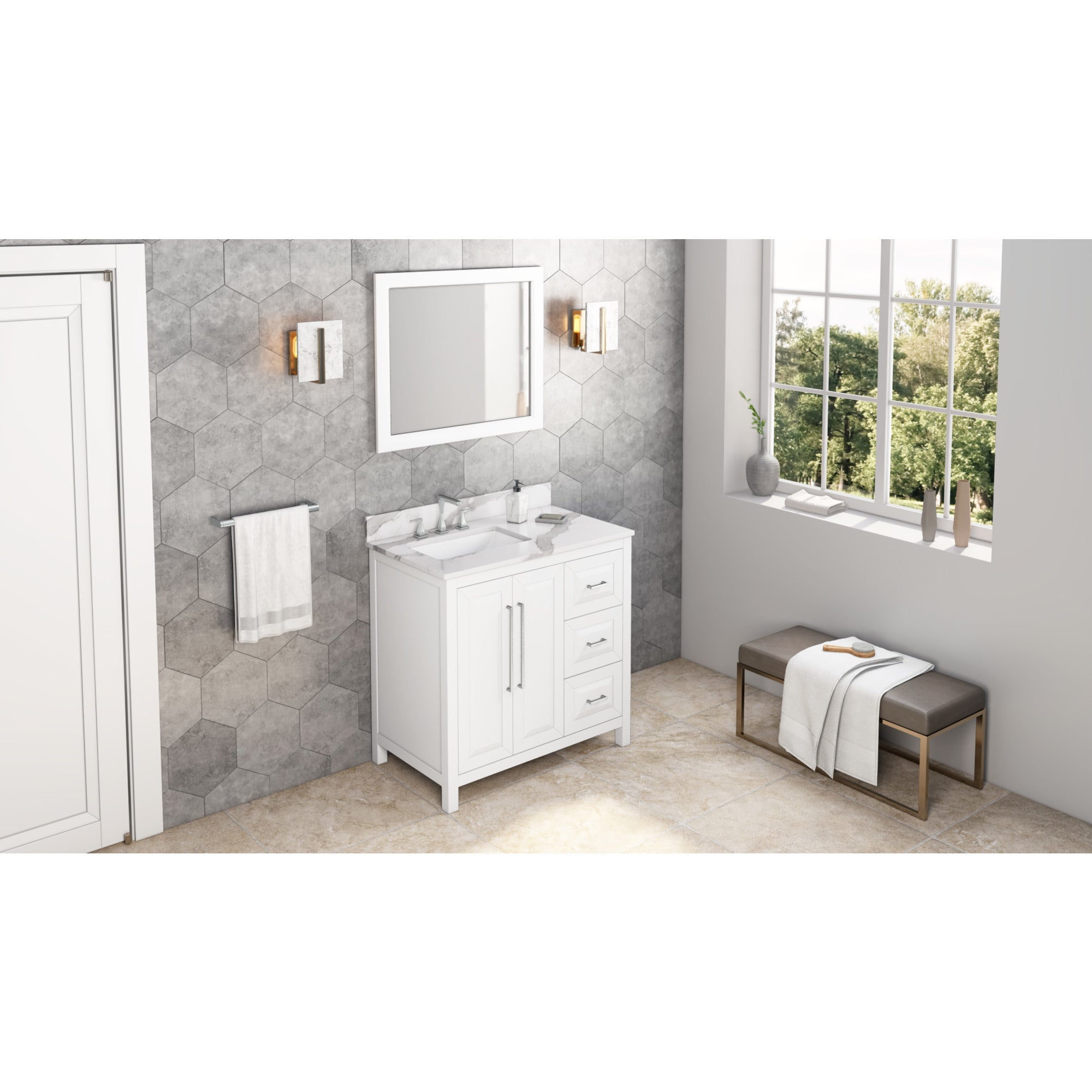 36" Cade Vanity – Left Offset - White - Calacatta Vienna Quartz