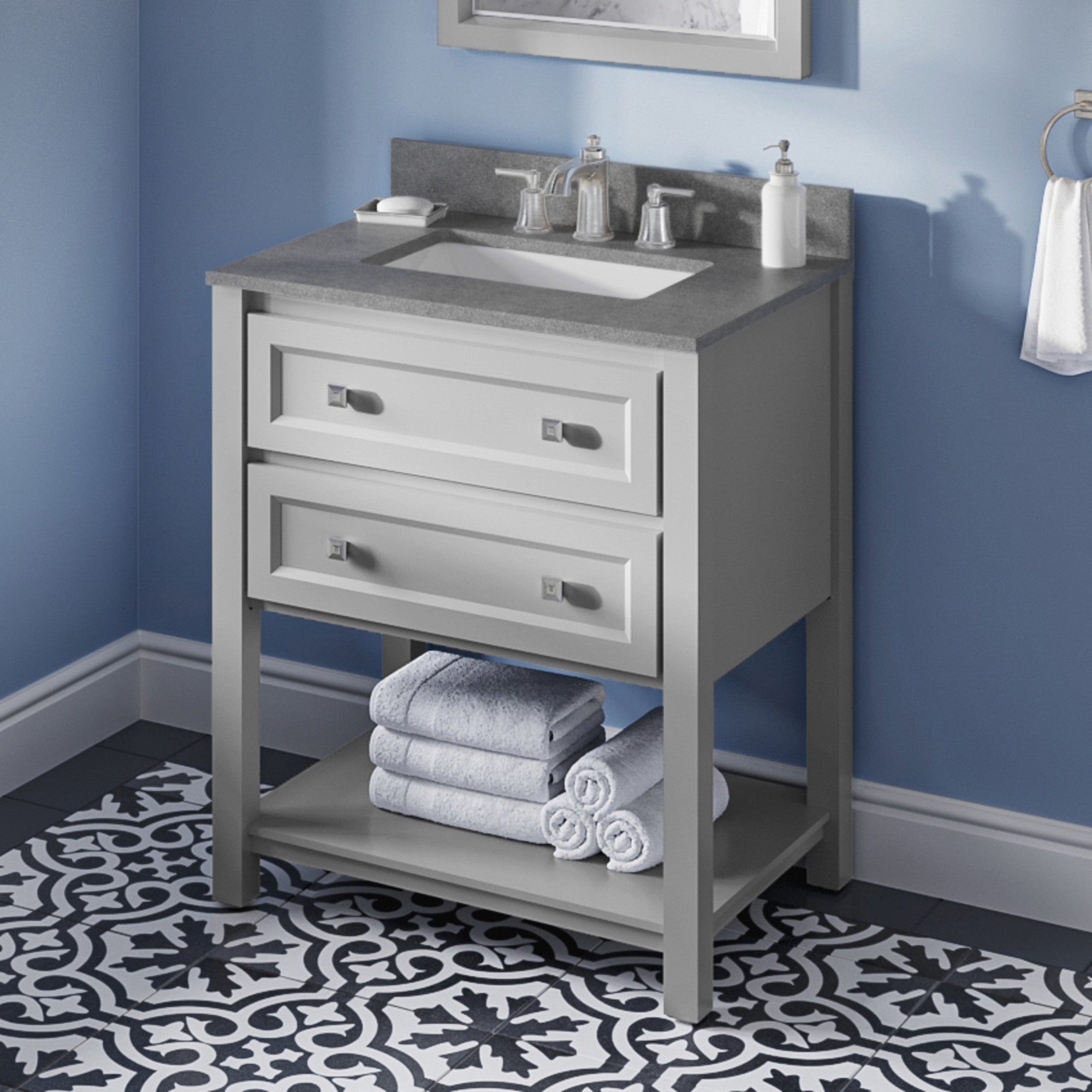 30" Grey Adler Vanity, Steel Grey Cultured Marble Vanity Top, undermount rectangle bowl