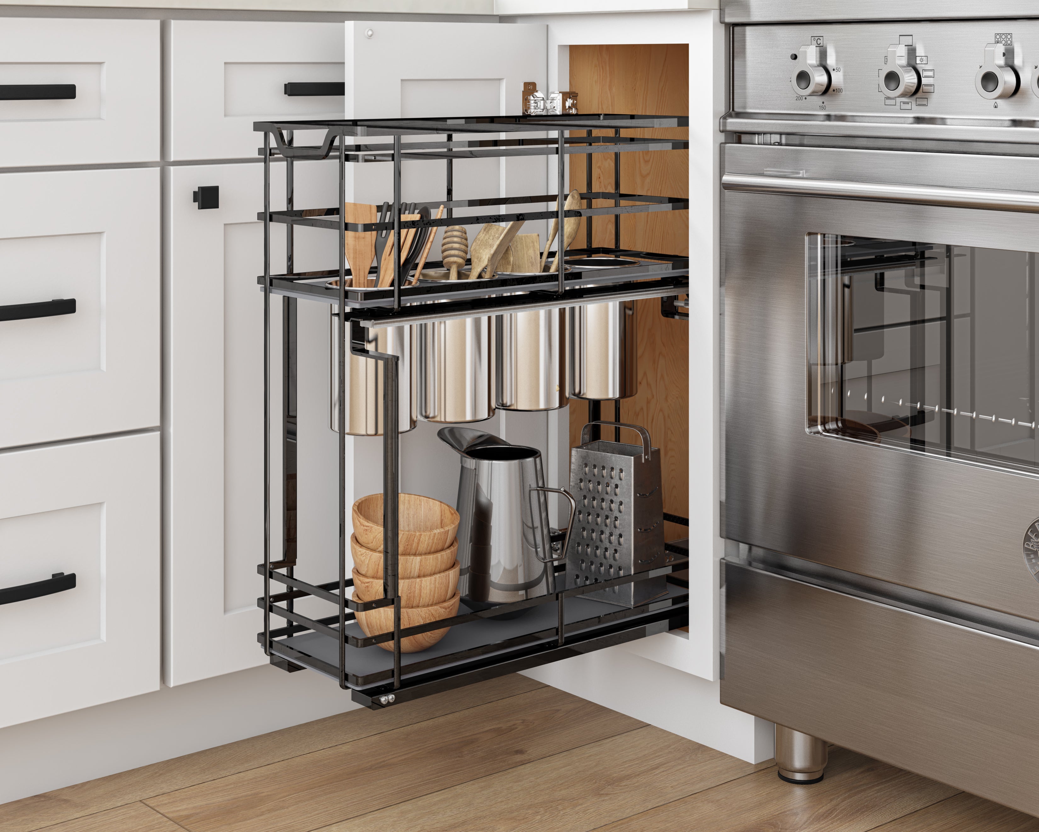 8" Black Nickel STORAGE WITH STYLE® Metal "No Wiggle" Soft-close Utensil Base Pullout