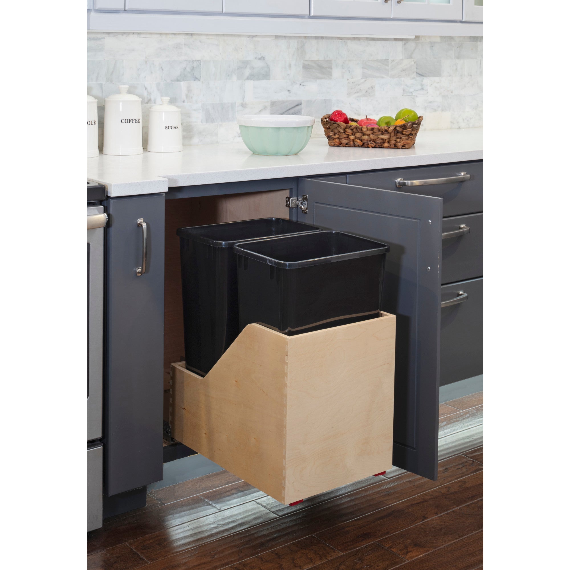 Double 50 Quart Wood Bottom-Mount Soft-close Trashcan Rollout for Hinged Doors, Includes Two Black Cans