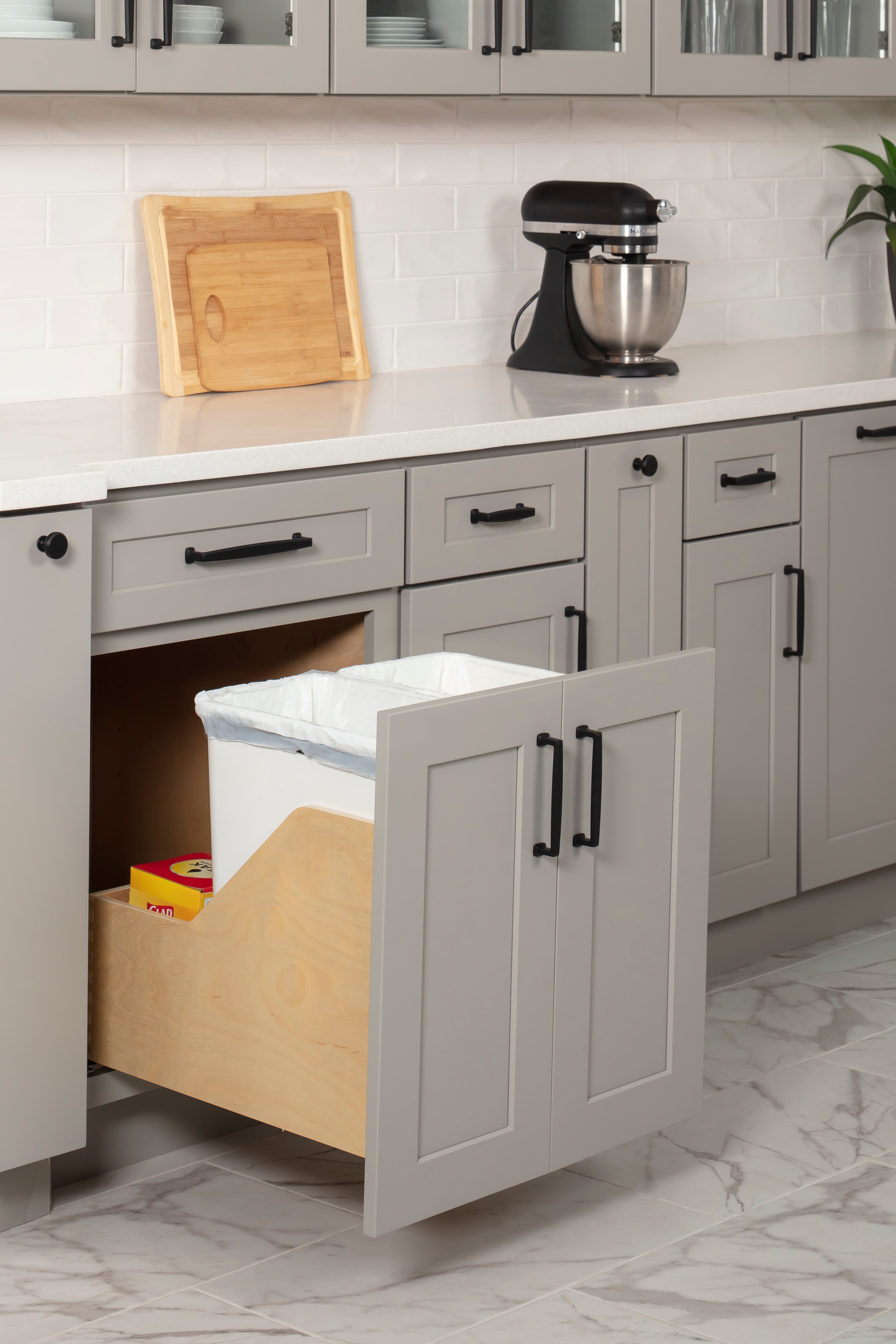 Double 35 Quart Wood Bottom-Mount Soft-close Trashcan Rollout for Door Mounting, Includes Two White Cans and Door Joining Bracket