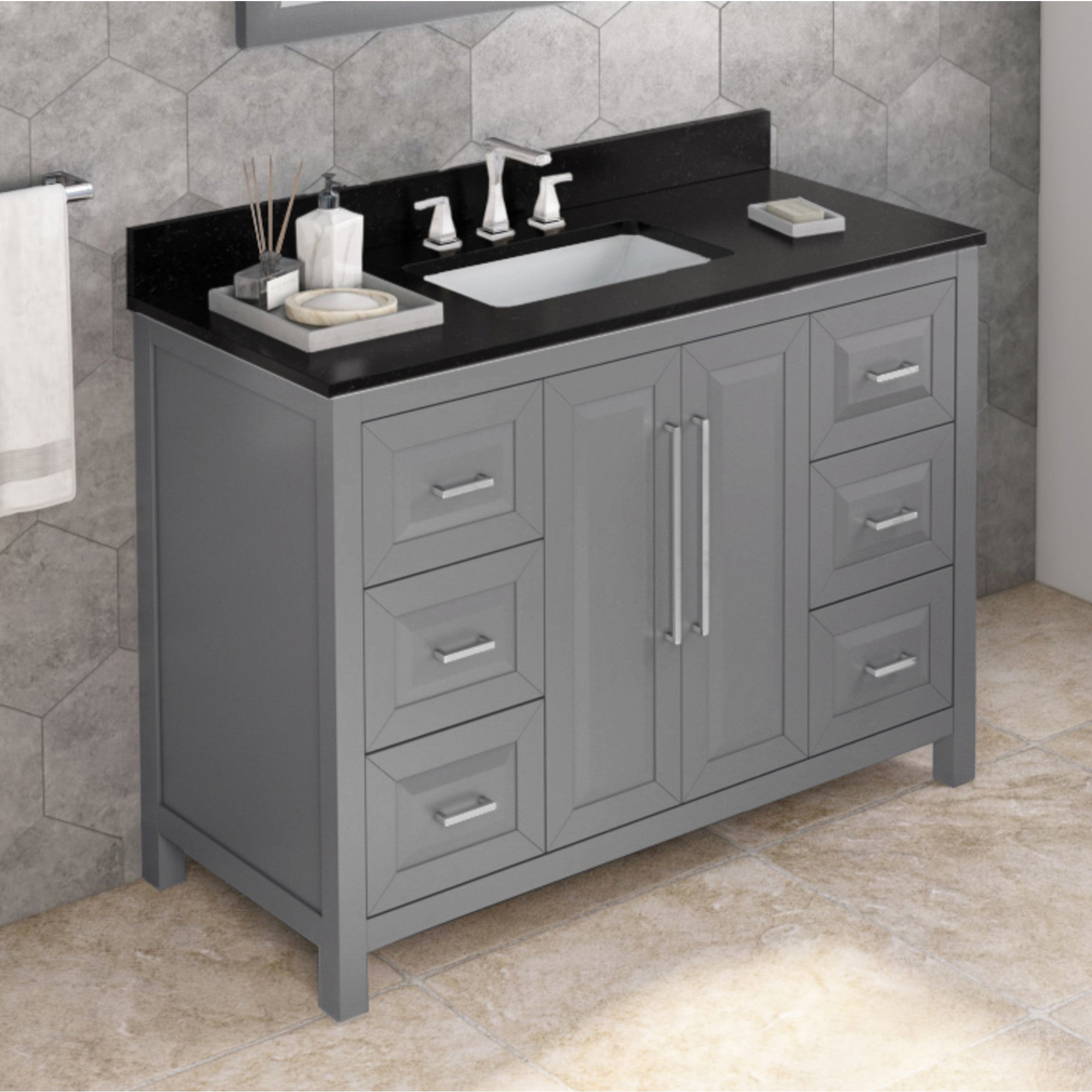 48" Grey Cade Vanity, Black Granite Vanity Top, undermount rectangle bowl