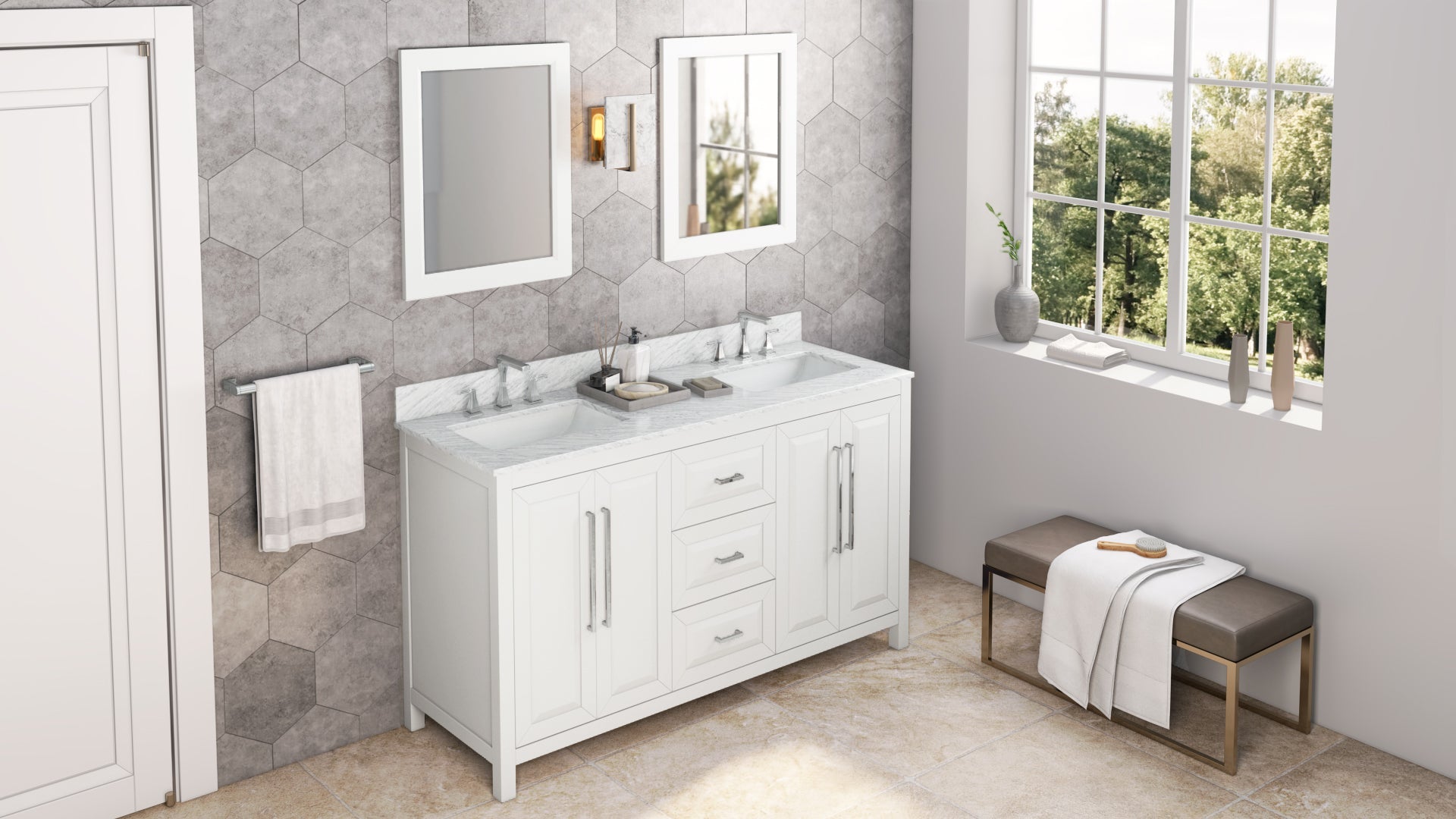60" White Cade Vanity, double bowl, White Carrara Marble Vanity Top, undermount rectangle bowl