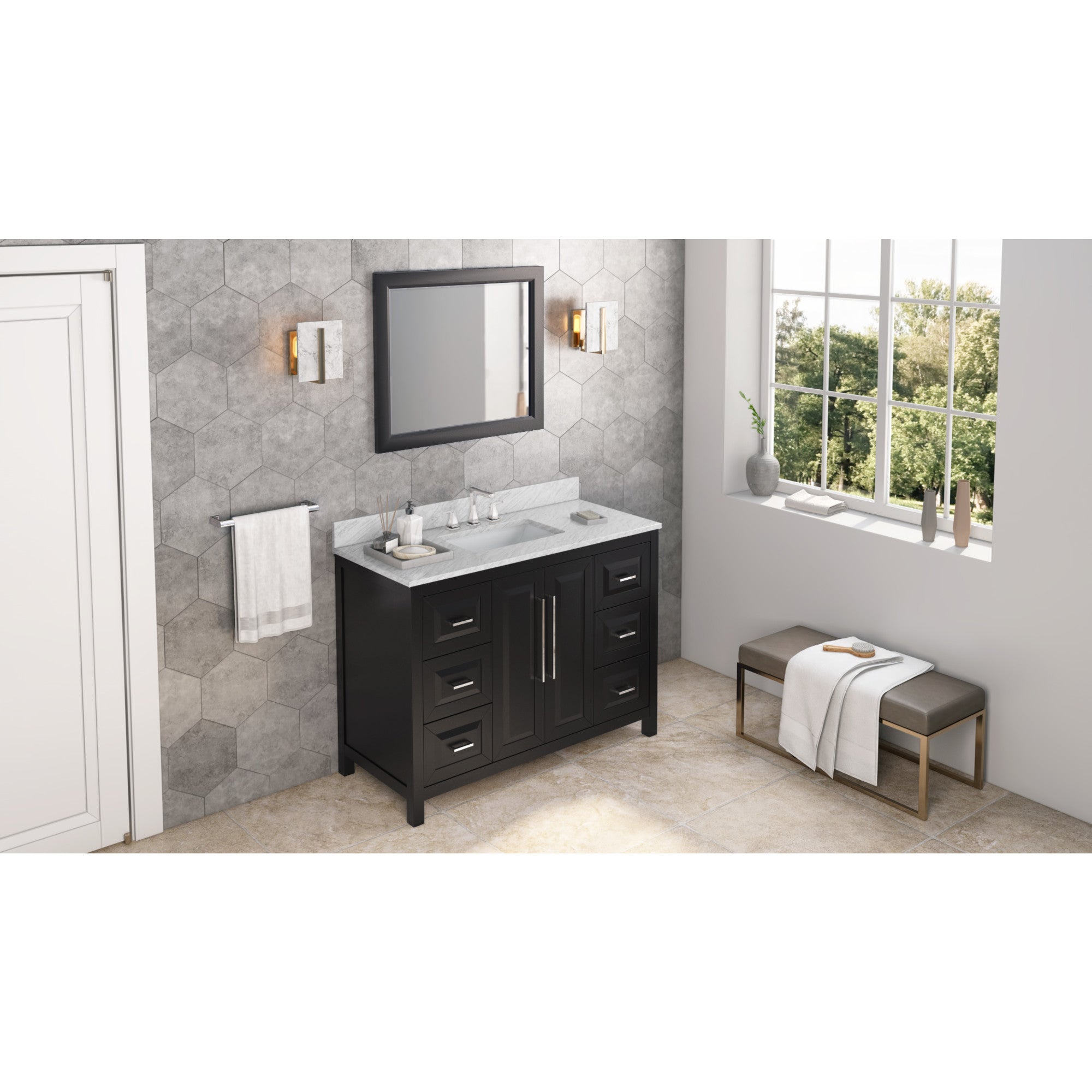 48" Black Cade Vanity, White Carrara Marble Vanity Top, undermount rectangle bowl