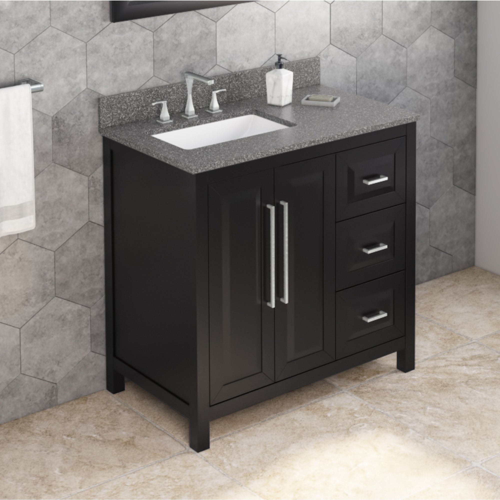 36" Black Cade Vanity, left offset, Boulder Vanity Cultured Marble Vanity Top, undermount rectangle bowl