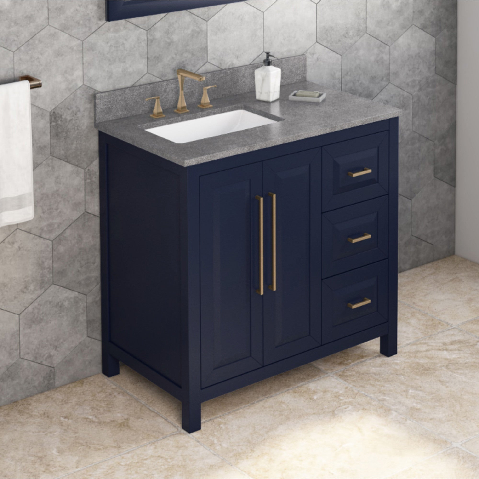 36" Hale Blue Cade Vanity, left offset, Steel Grey Cultured Marble Vanity Top, undermount rectangle bowl