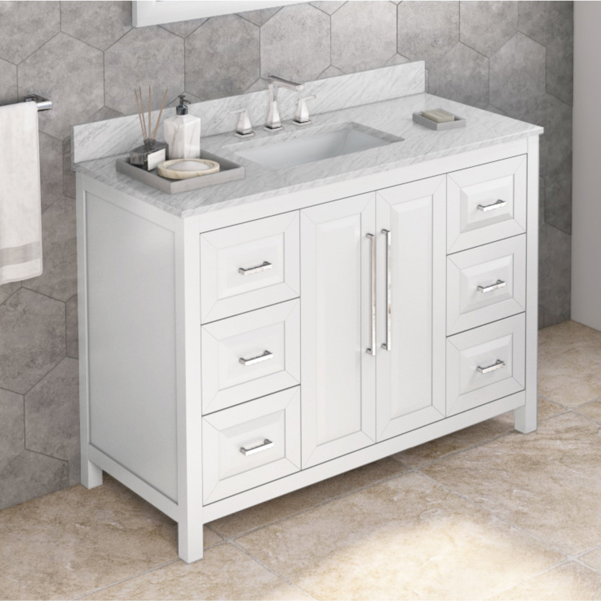 48" White Cade Vanity, White Carrara Marble Vanity Top, undermount rectangle bowl