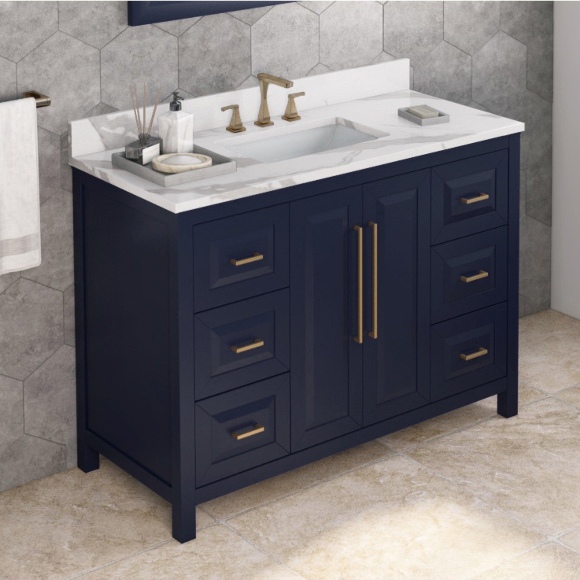 48" Hale Blue Cade Vanity, Calacatta Vienna Quartz Vanity Top, undermount rectangle bowl