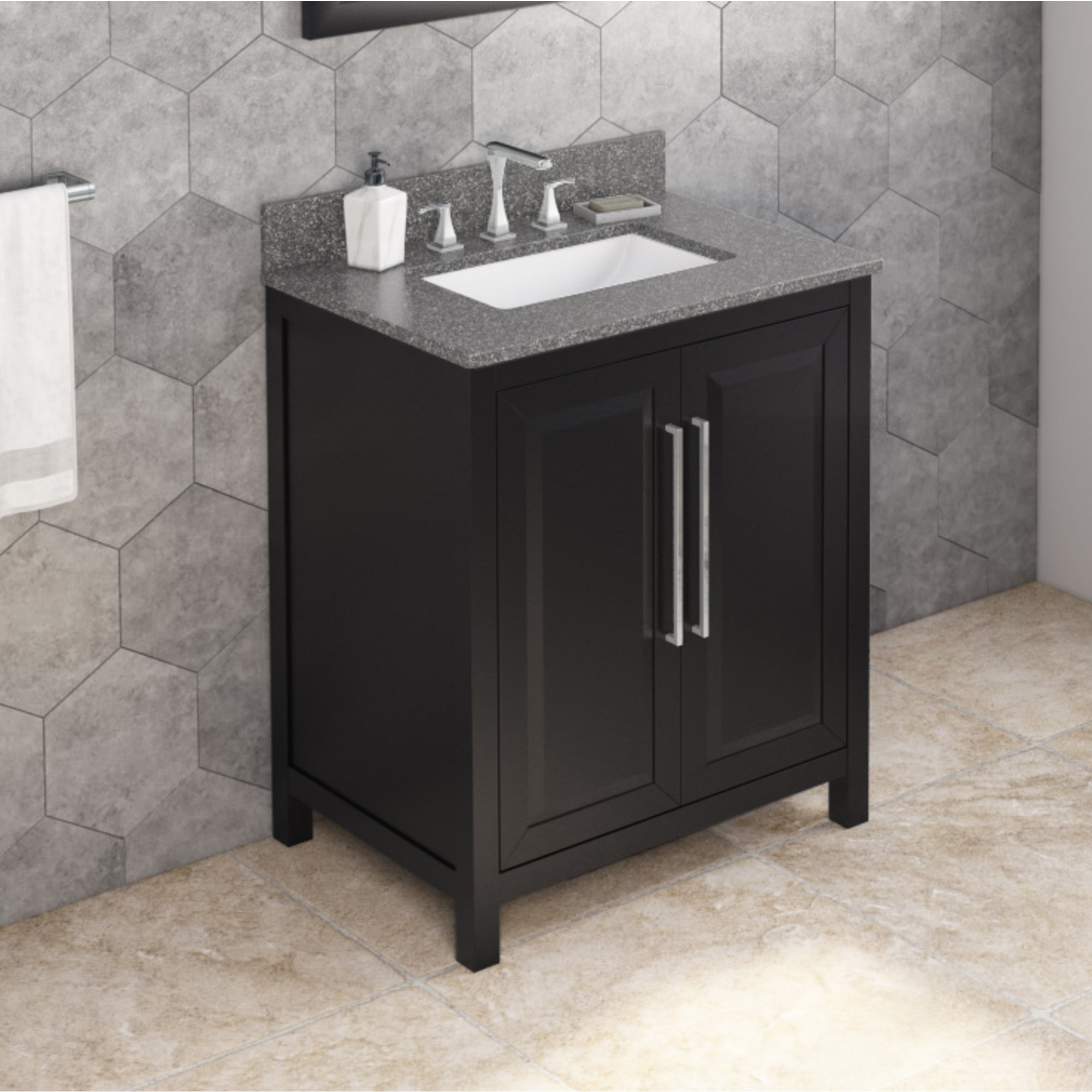 30" Black Cade Vanity, Boulder Cultured Marble Vanity Top, undermount rectangle bowl