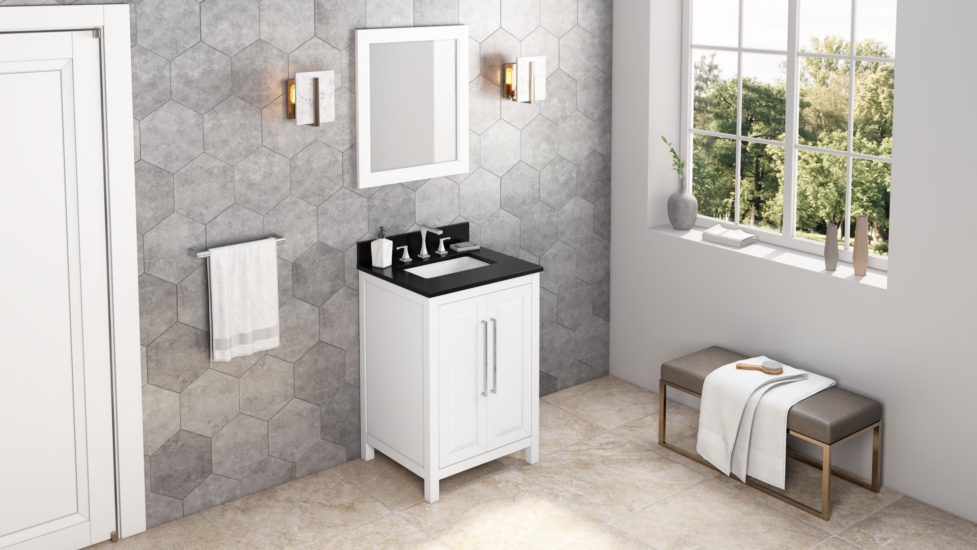 24" White Cade Vanity, Black Granite Vanity Top, undermount rectangle bowl
