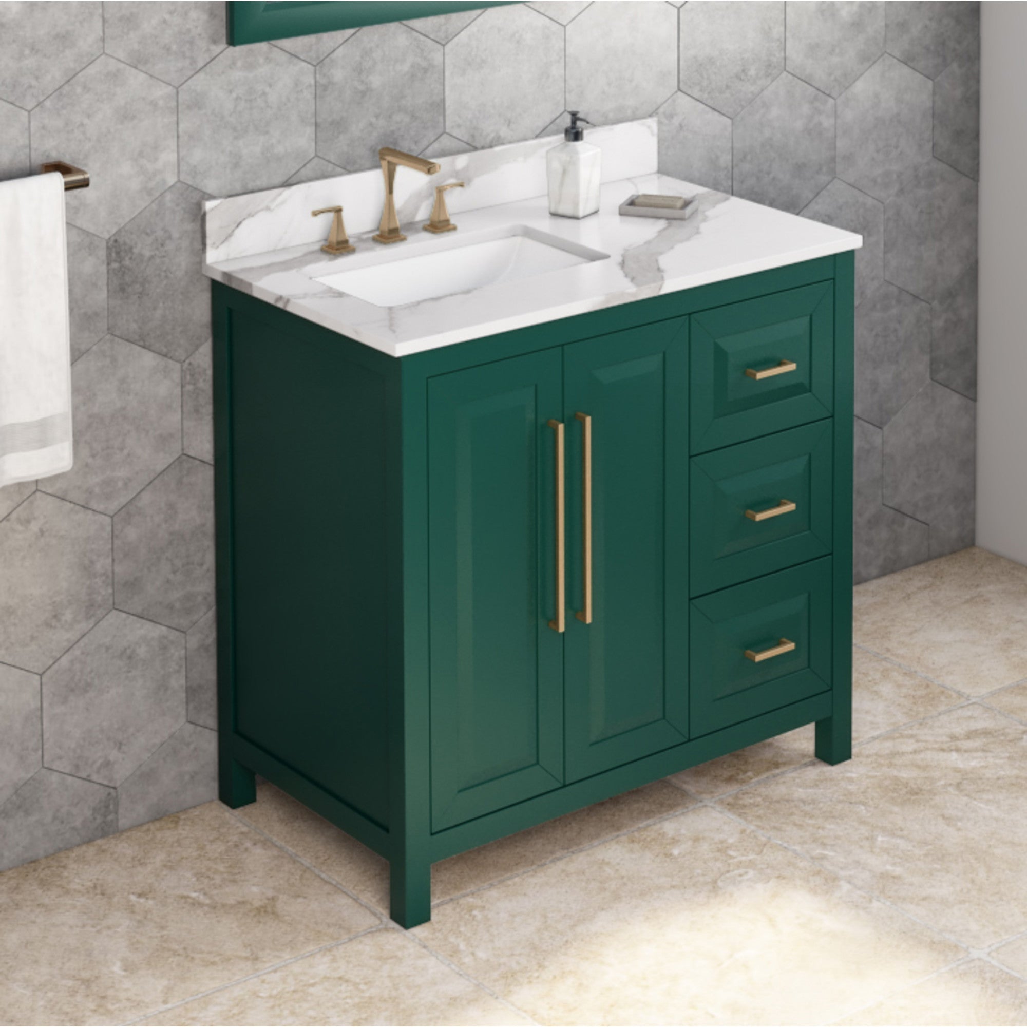 36" Forest Green Cade Vanity, left offset, Calacatta Vienna Quartz Vanity Top, undermount rectangle bowl