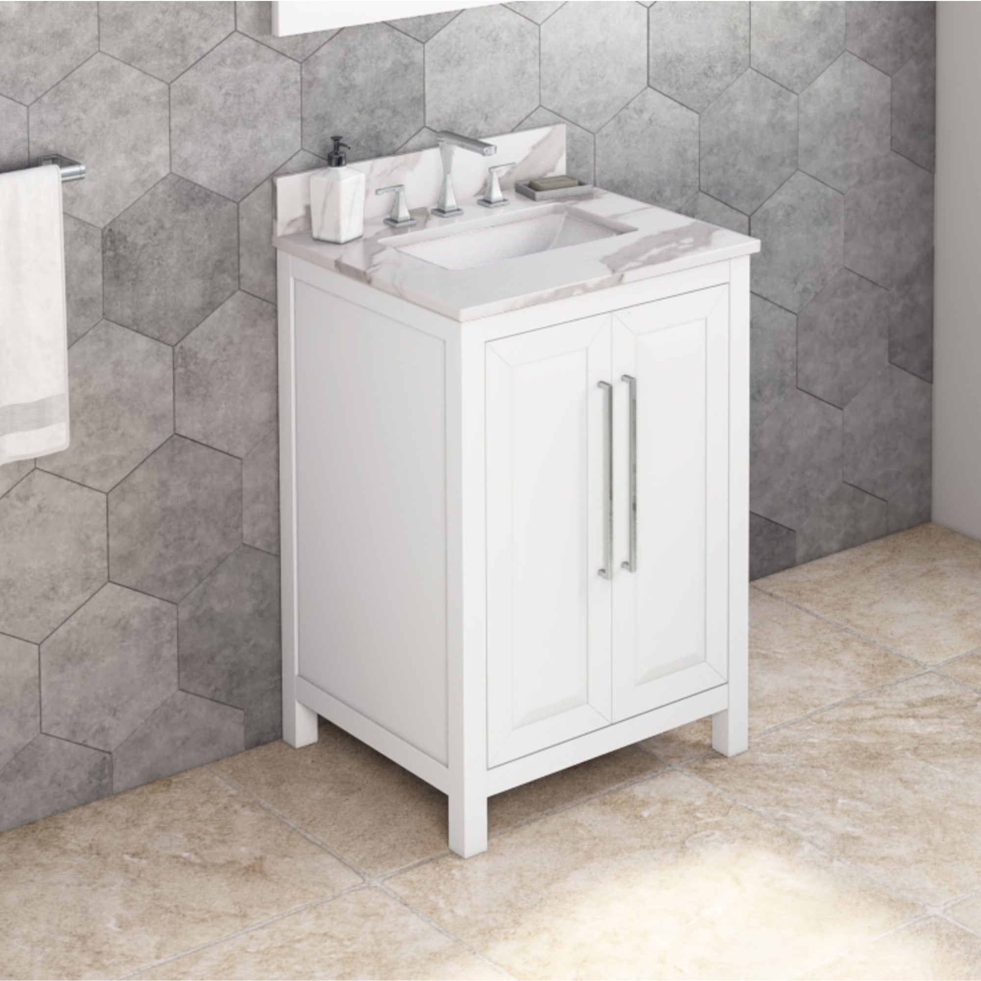 24" White Cade Vanity, Calacatta Vienna Quartz Vanity Top, undermount rectangle bowl