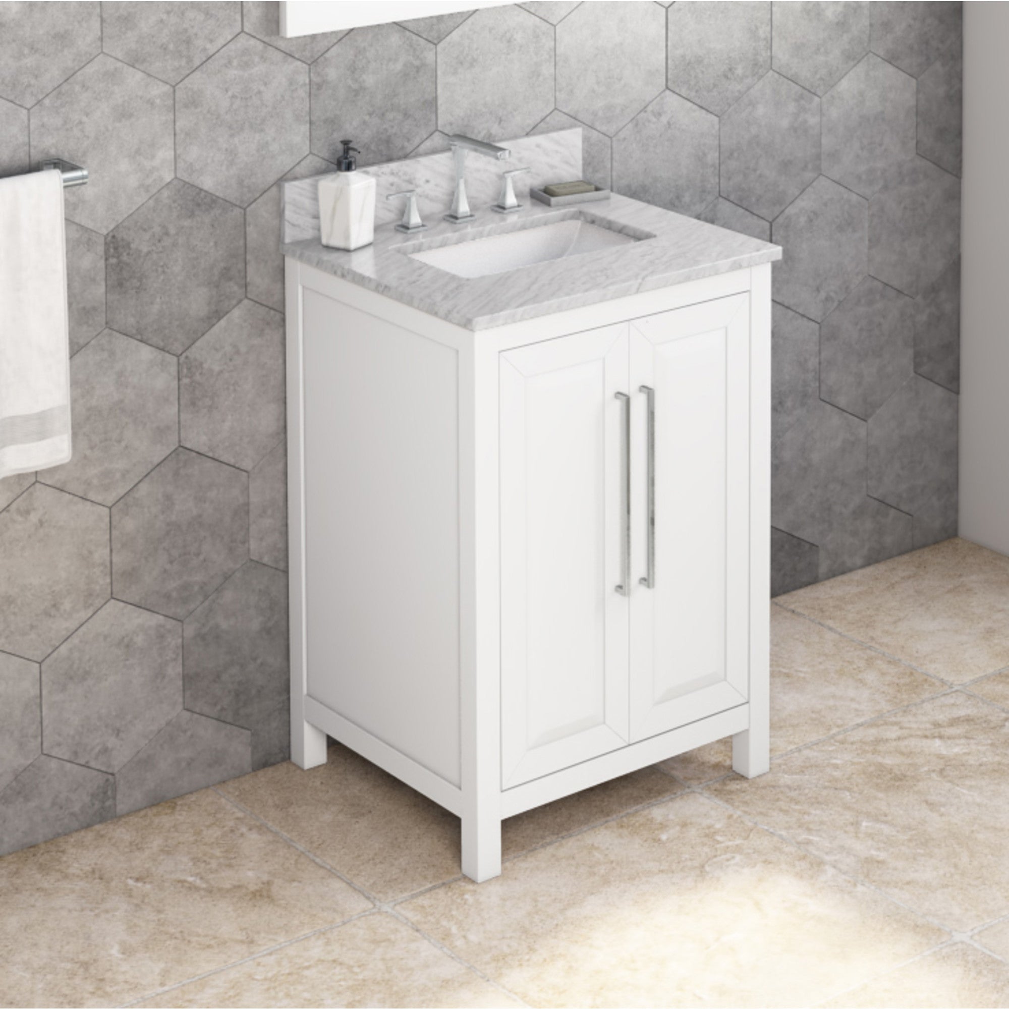 24" White Cade Vanity, White Carrara Marble Vanity Top, undermount rectangle bowl