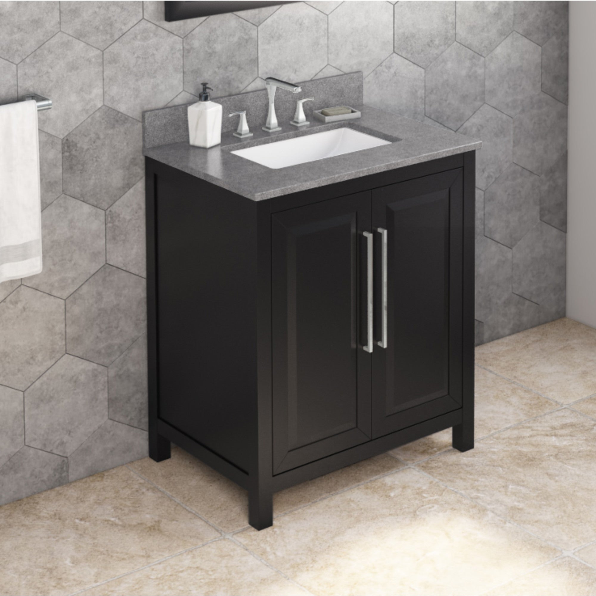 30" Black Cade Vanity, Steel Grey Cultured Marble Vanity Top, undermount rectangle bowl