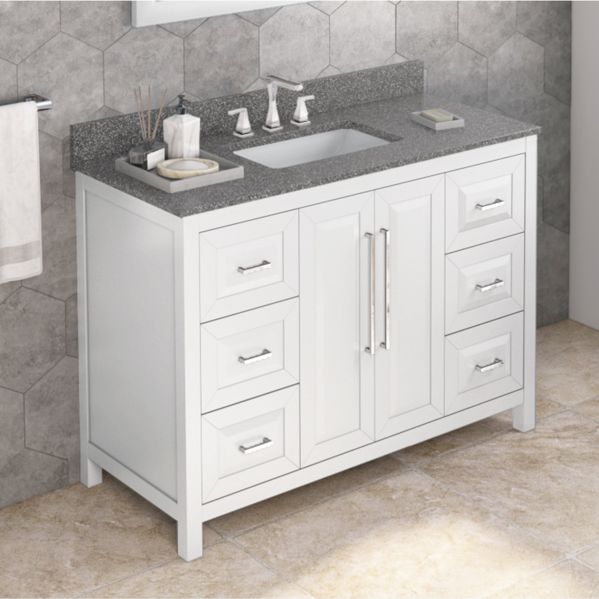 48" White Cade Vanity, Boulder Cultured Marble Vanity Top, undermount rectangle bowl