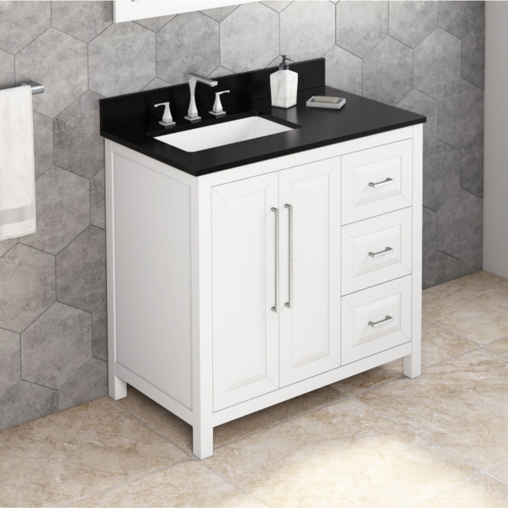 36" White Cade Vanity, left offset, Black Granite Vanity Top, undermount rectangle bowl