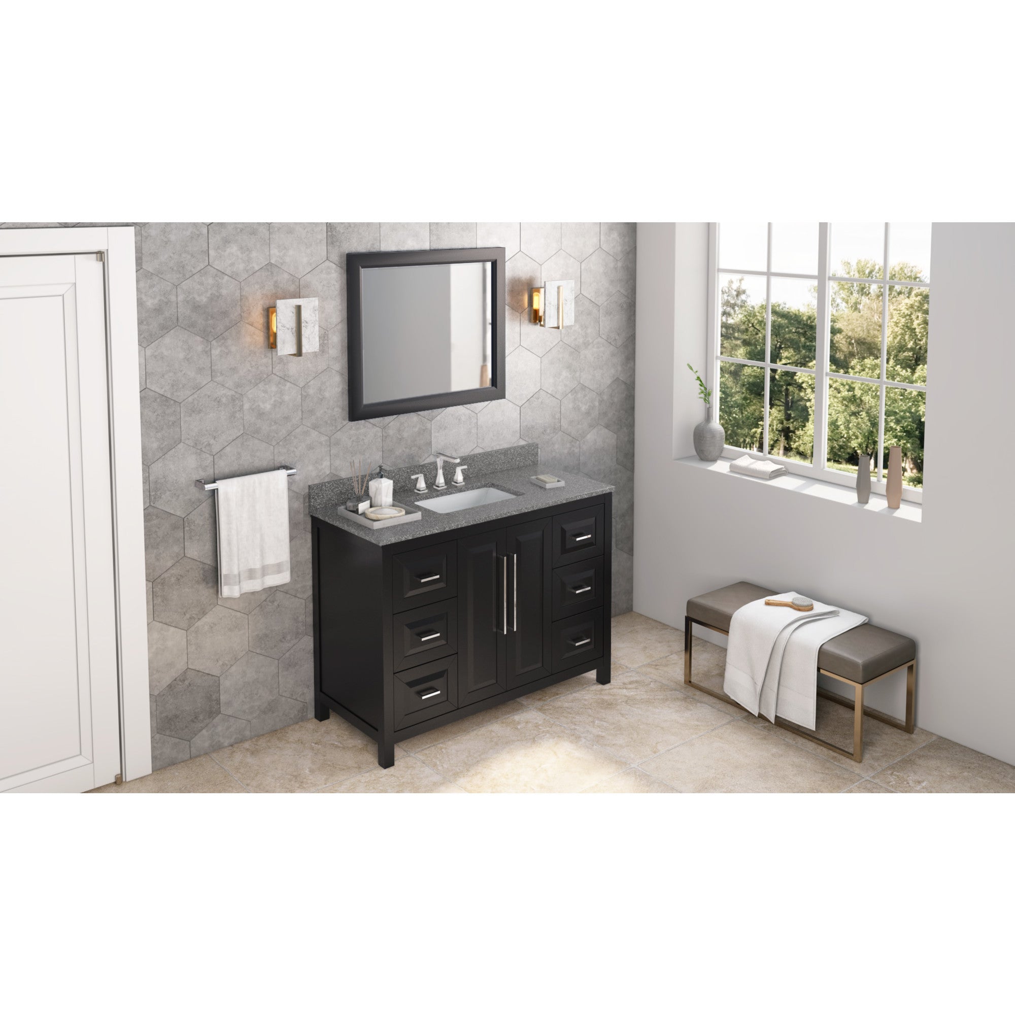 48" Black Cade Vanity, Boulder Cultured Marble Vanity Top, undermount rectangle bowl