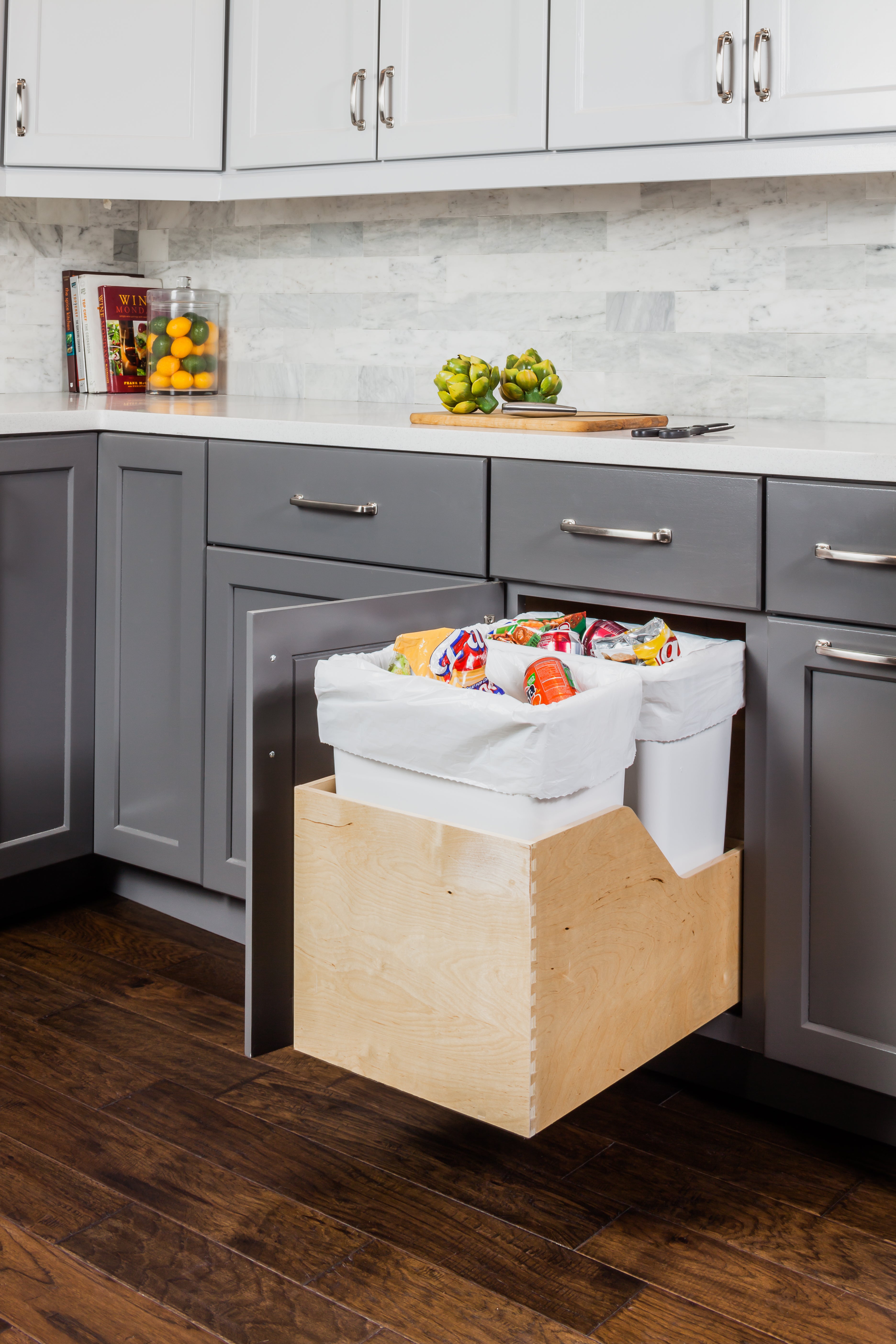 Double 35 Quart Wood Bottom-Mount Soft-close Trashcan Rollout for Hinged Doors, Includes Two White Cans
