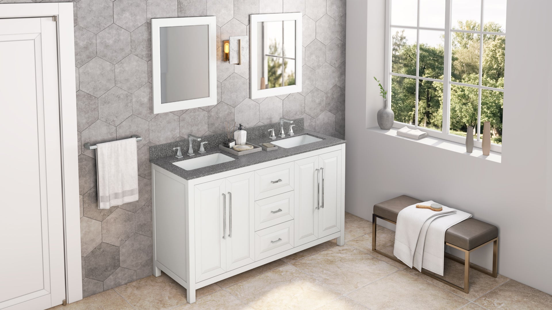 60" White Cade Vanity, double bowl, Boulder Cultured Marble Vanity Top, undermount rectangle bowl