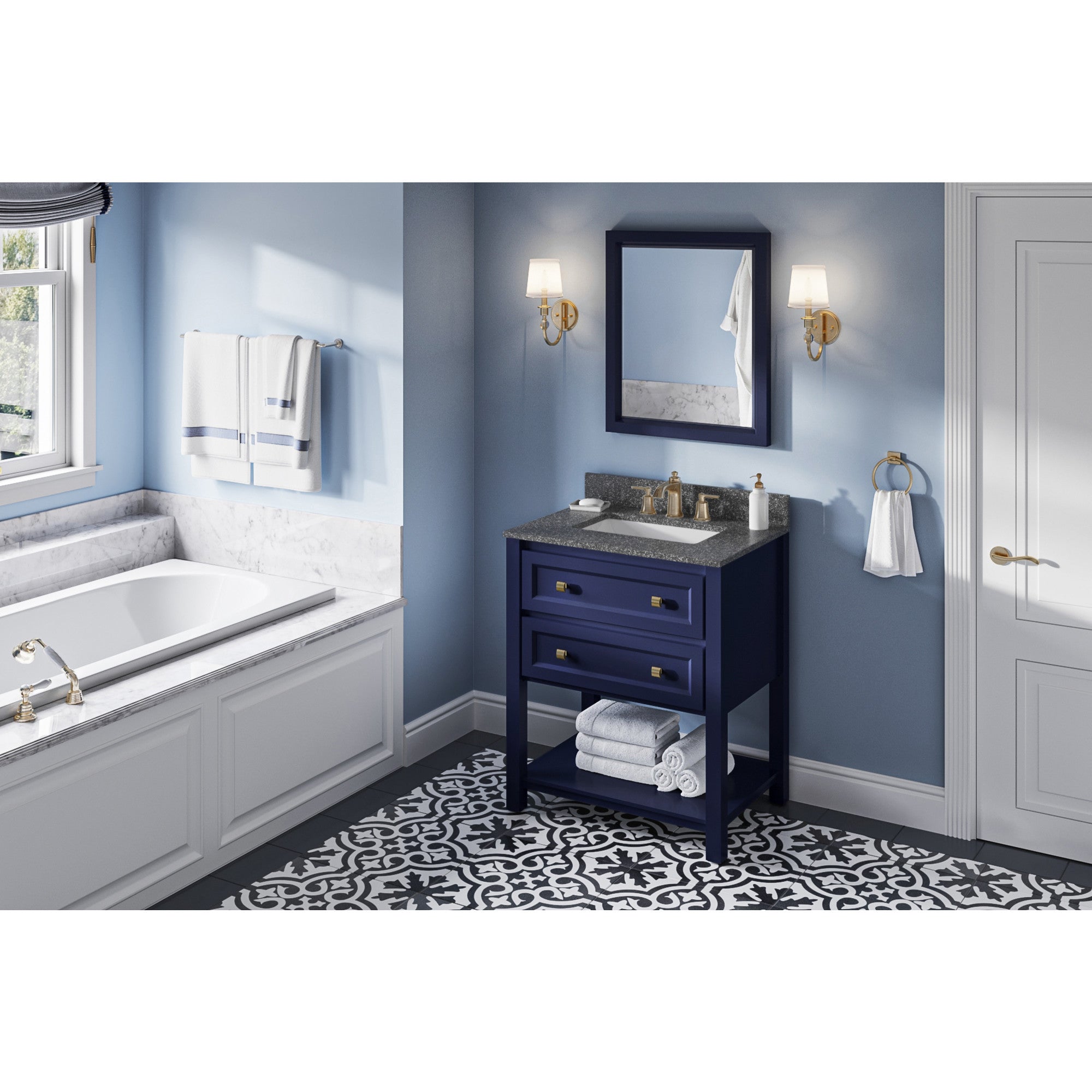 30" Hale Blue Adler Vanity, Boulder Cultured Marble Vanity Top, undermount rectangle bowl