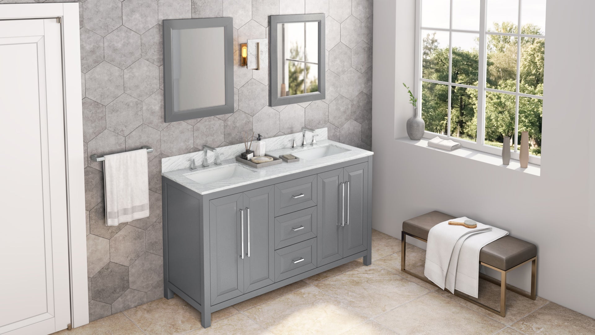 60" Grey Cade Vanity, double bowl, White Carrara Marble Vanity Top, undermount rectangle bowl