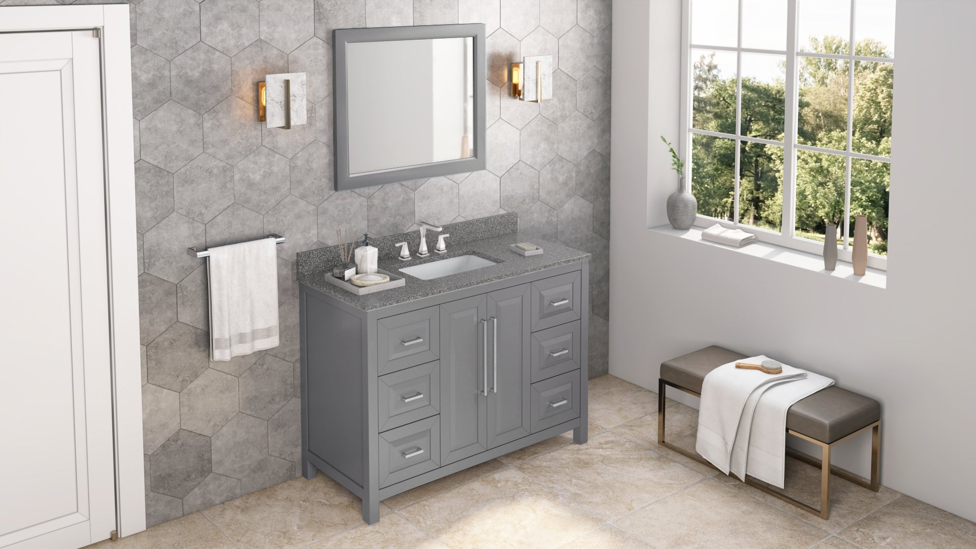 48" Grey Cade Vanity, Boulder Cultured Marble Vanity Top, undermount rectangle bowl
