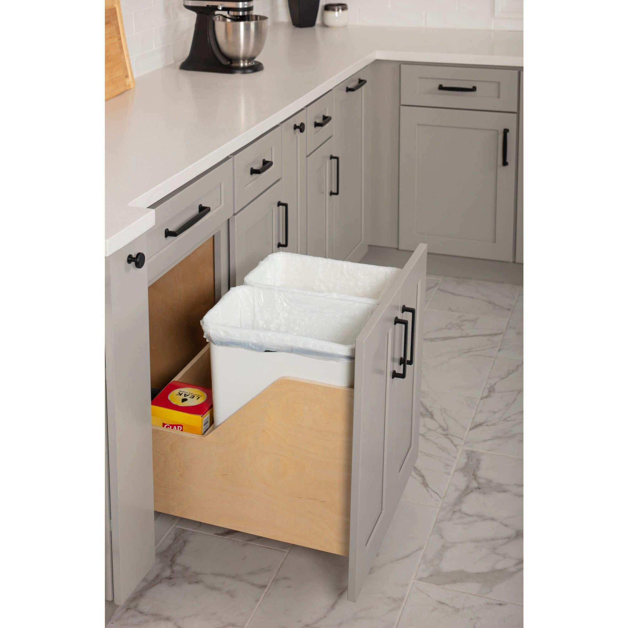 Double 35 Quart Wood Bottom-Mount Soft-close Trashcan Rollout for Door Mounting, Includes Two White Cans and Door Joining Bracket