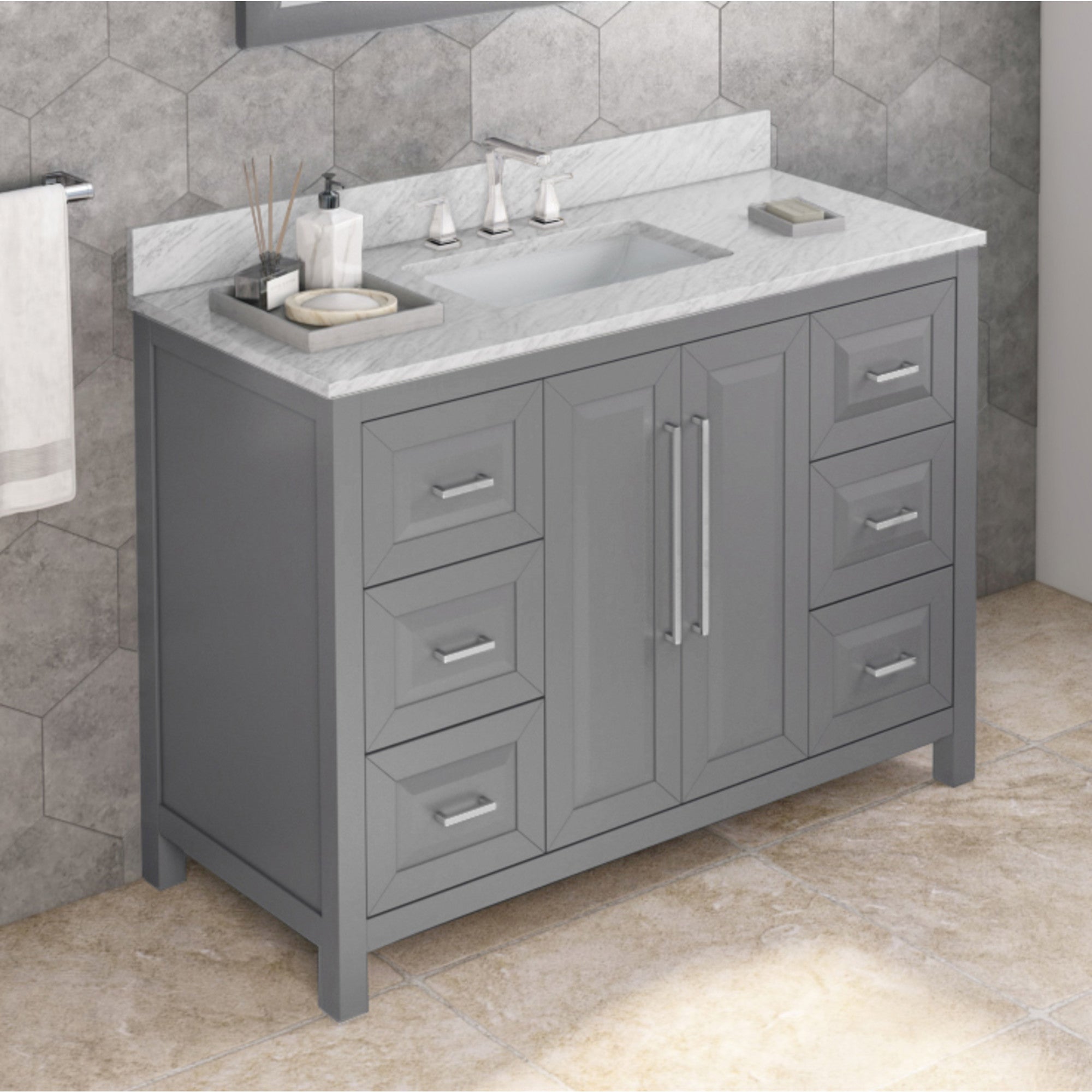 48" Grey Cade Vanity, White Carrara Marble Vanity Top, undermount rectangle bowl