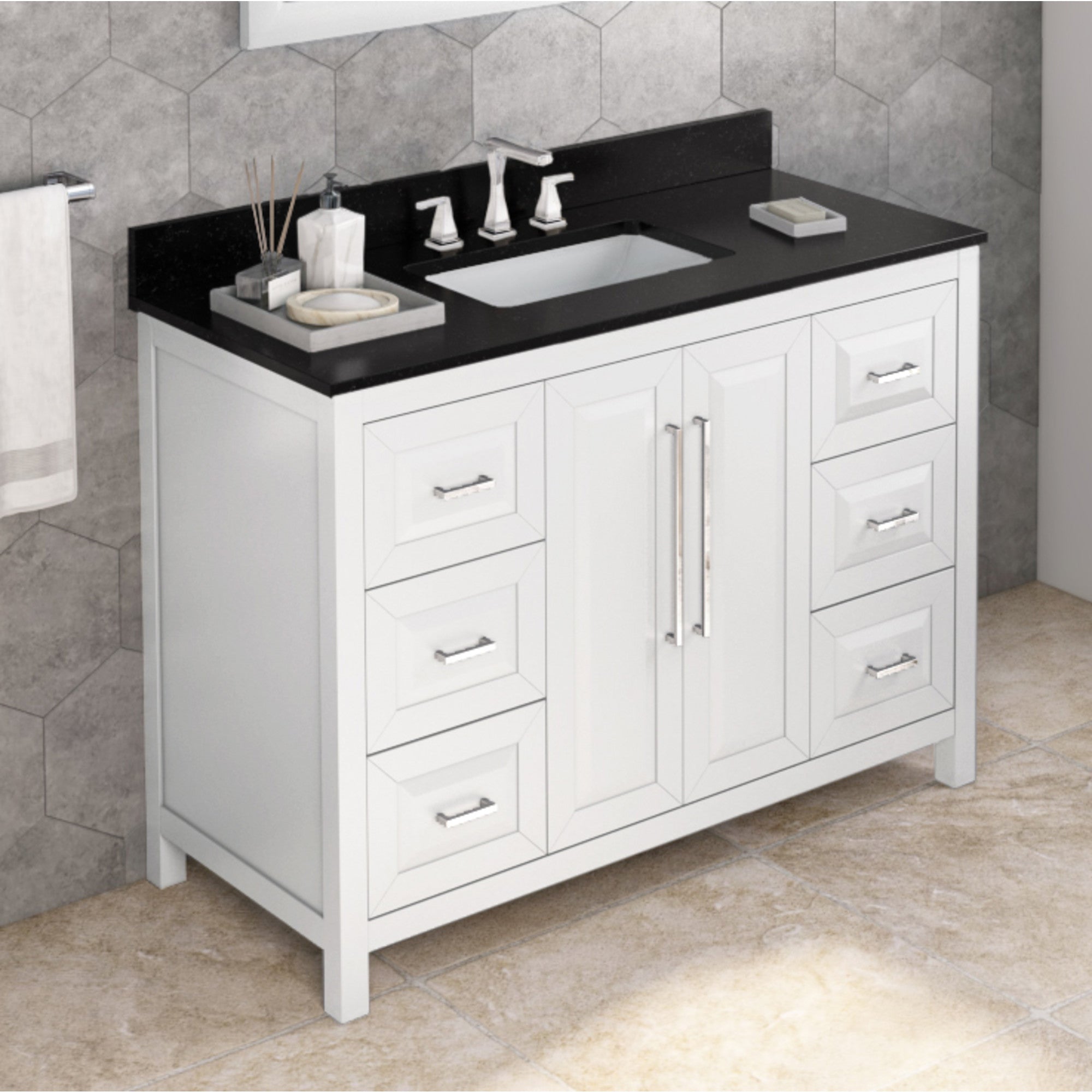 48" White Cade Vanity, Black Granite Vanity Top, undermount rectangle bowl