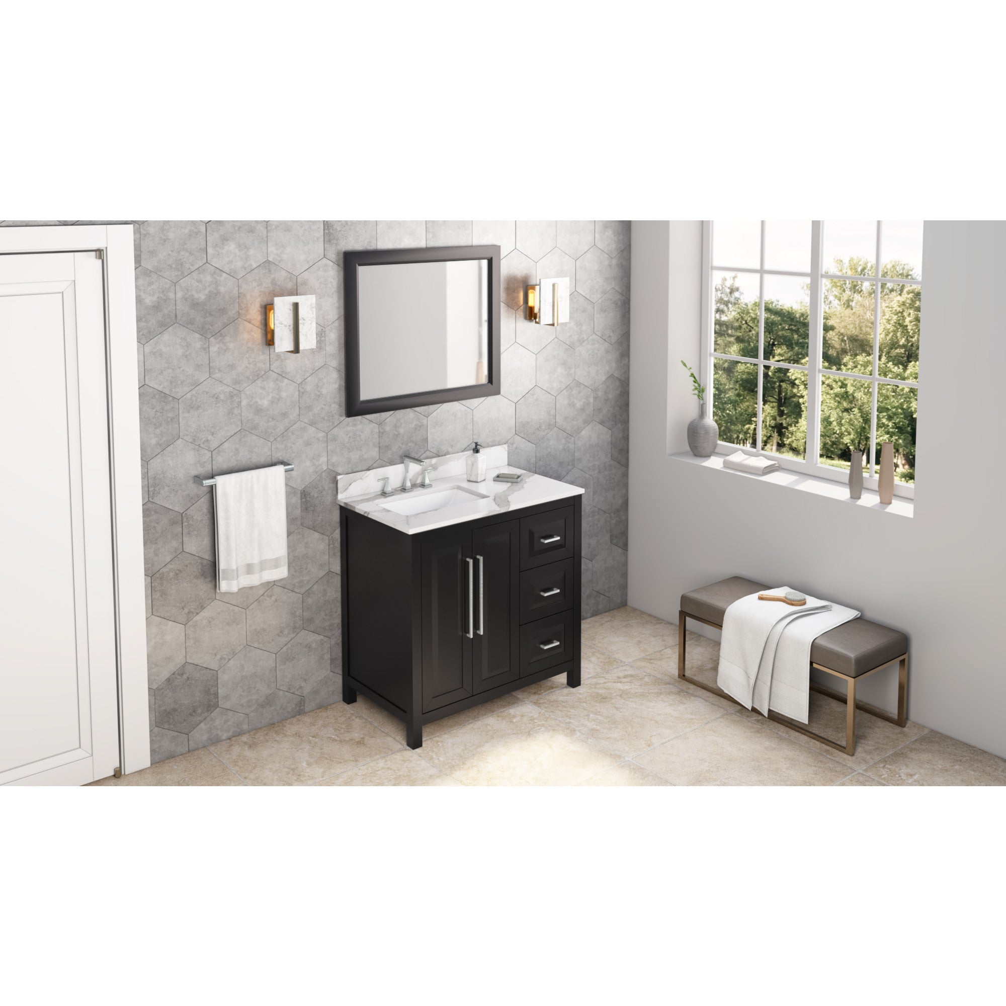 36" Cade Vanity – Left Offset - Black - Calacatta Vienna Quartz
