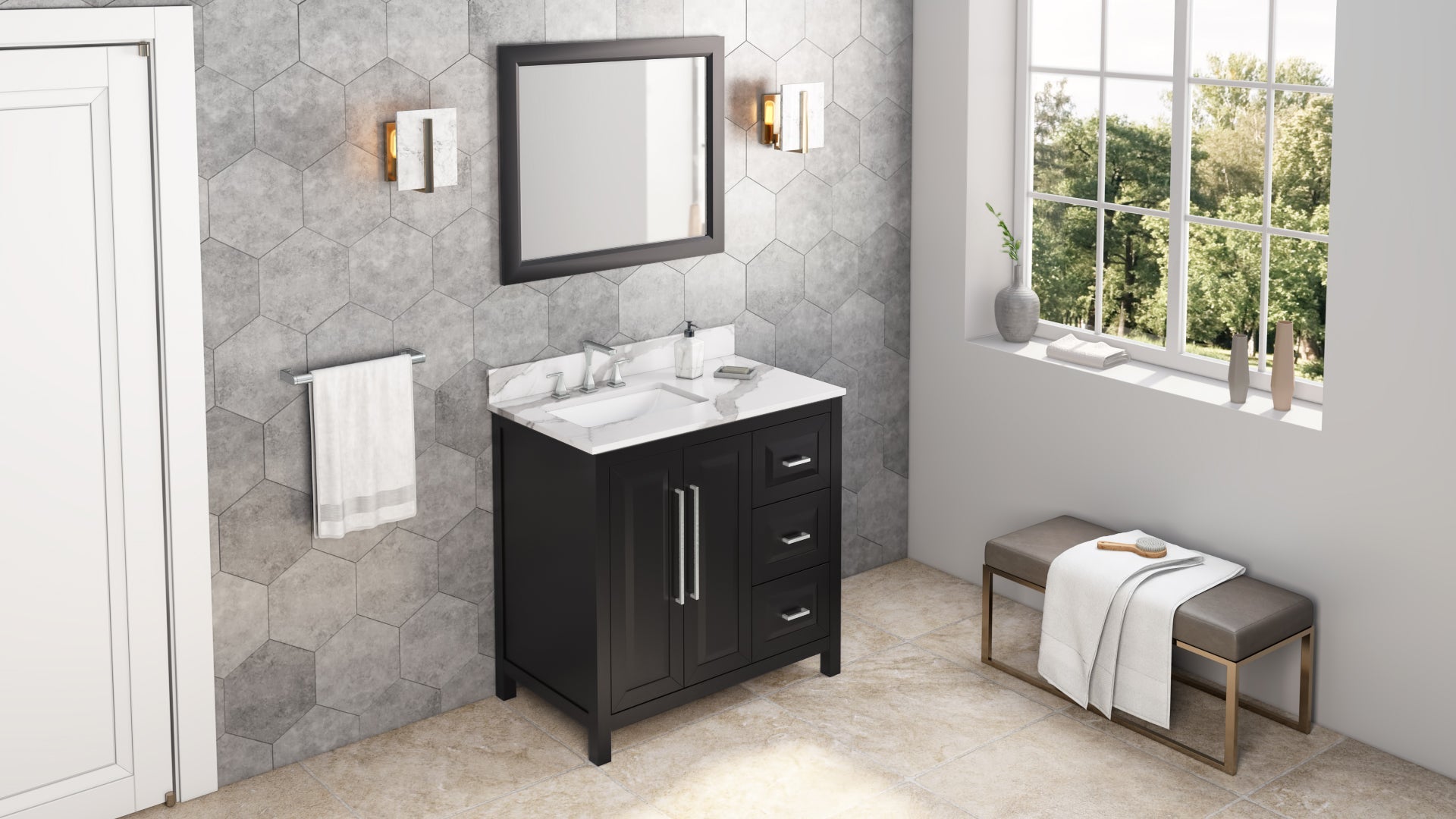 36" Black Cade Vanity, left offset, Calacatta Vienna Quartz Vanity Top, undermount rectangle bowl