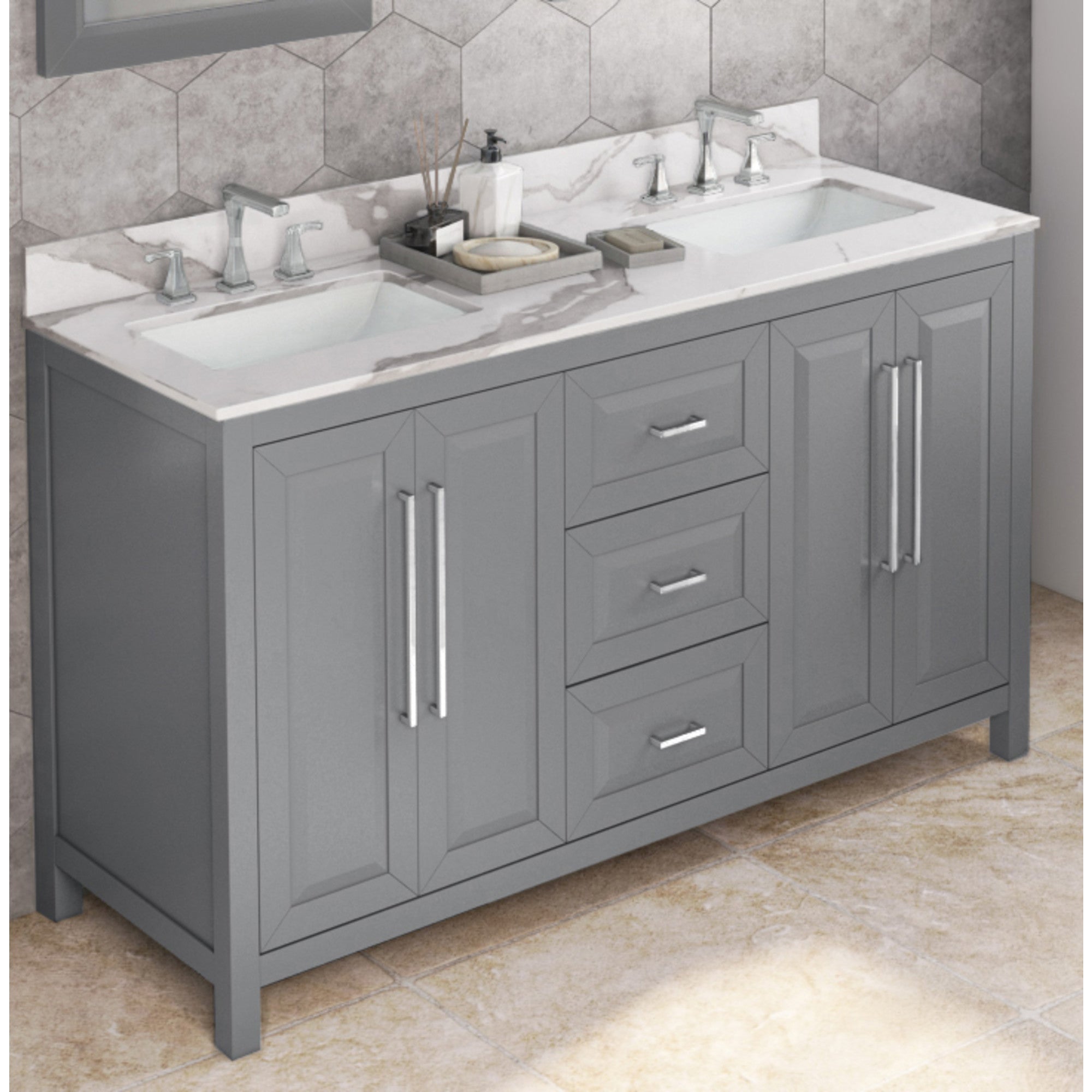 60" Grey Cade Vanity, double bowl, Calacatta Vienna Quartz Vanity Top, undermount rectangle bowl