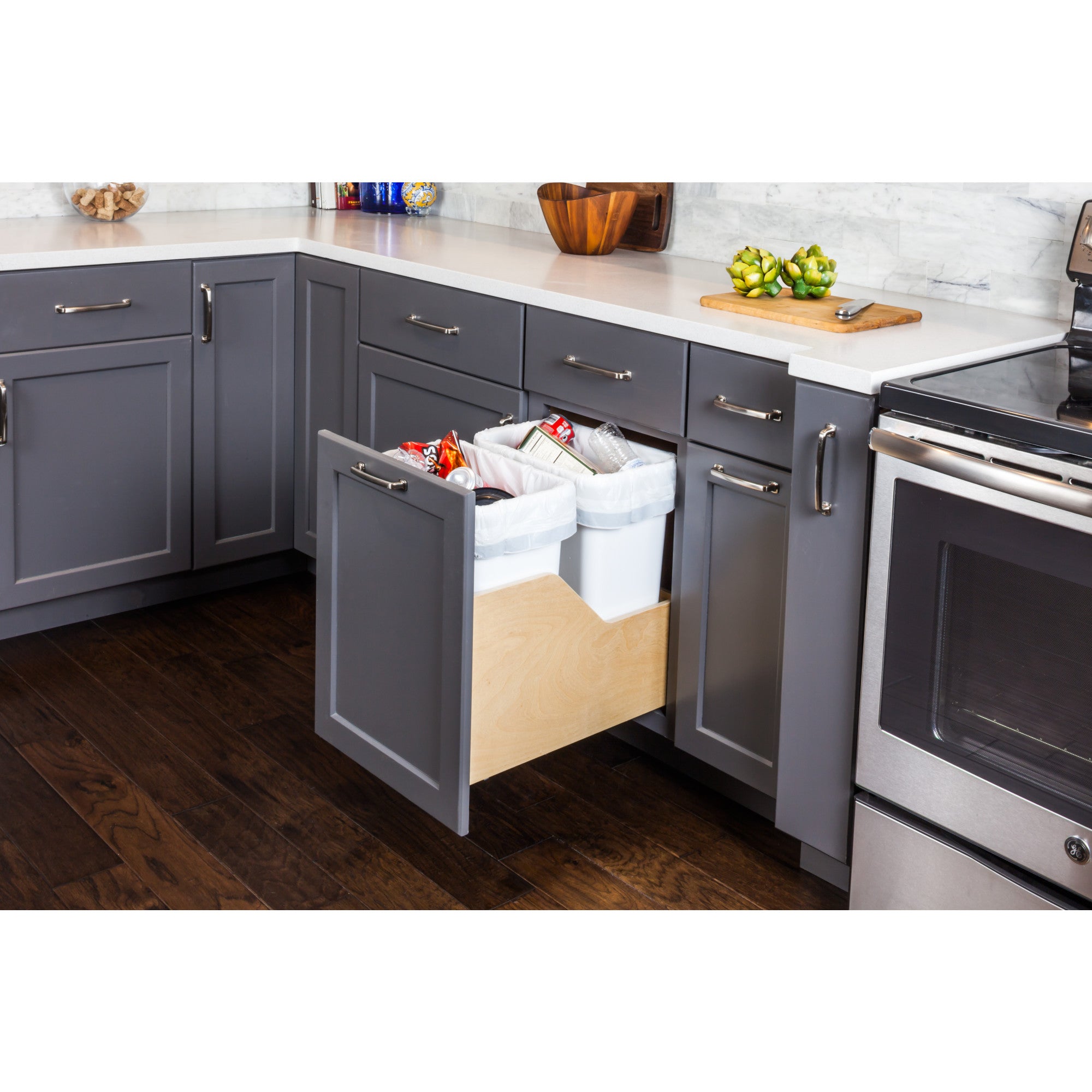 Double 35 Quart Wood Bottom-Mount Soft-close Trashcan Rollout for Door Mounting, Includes Two White Cans
