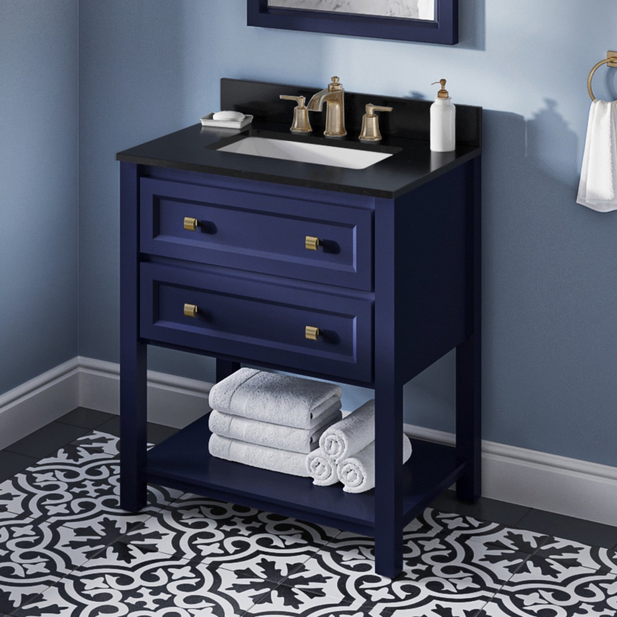 30" Hale Blue Adler Vanity, Black Granite Vanity Top, undermount rectangle bowl