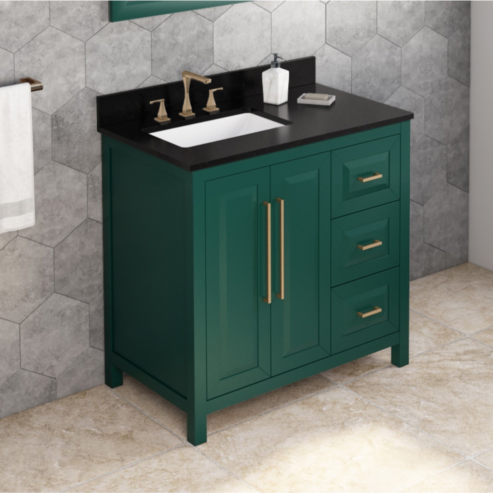 36" Forest Green Cade Vanity, left offset, Black Granite Vanity Top, undermount rectangle bowl