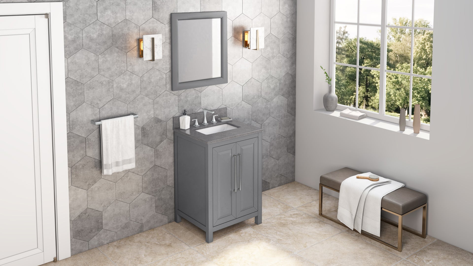 24" Grey Cade Vanity, Steel Grey Cultured Marble Vanity Top, undermount rectangle bowl