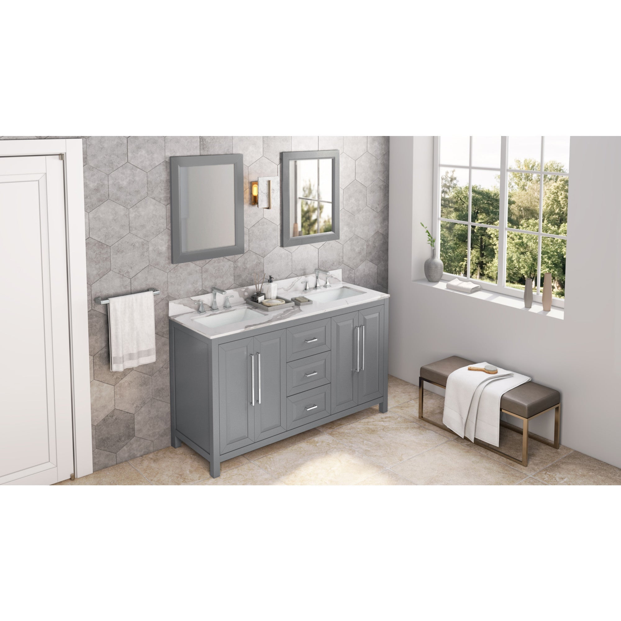 60" Cade Vanity – Double Bowl - Grey - Calacatta Vienna Quartz