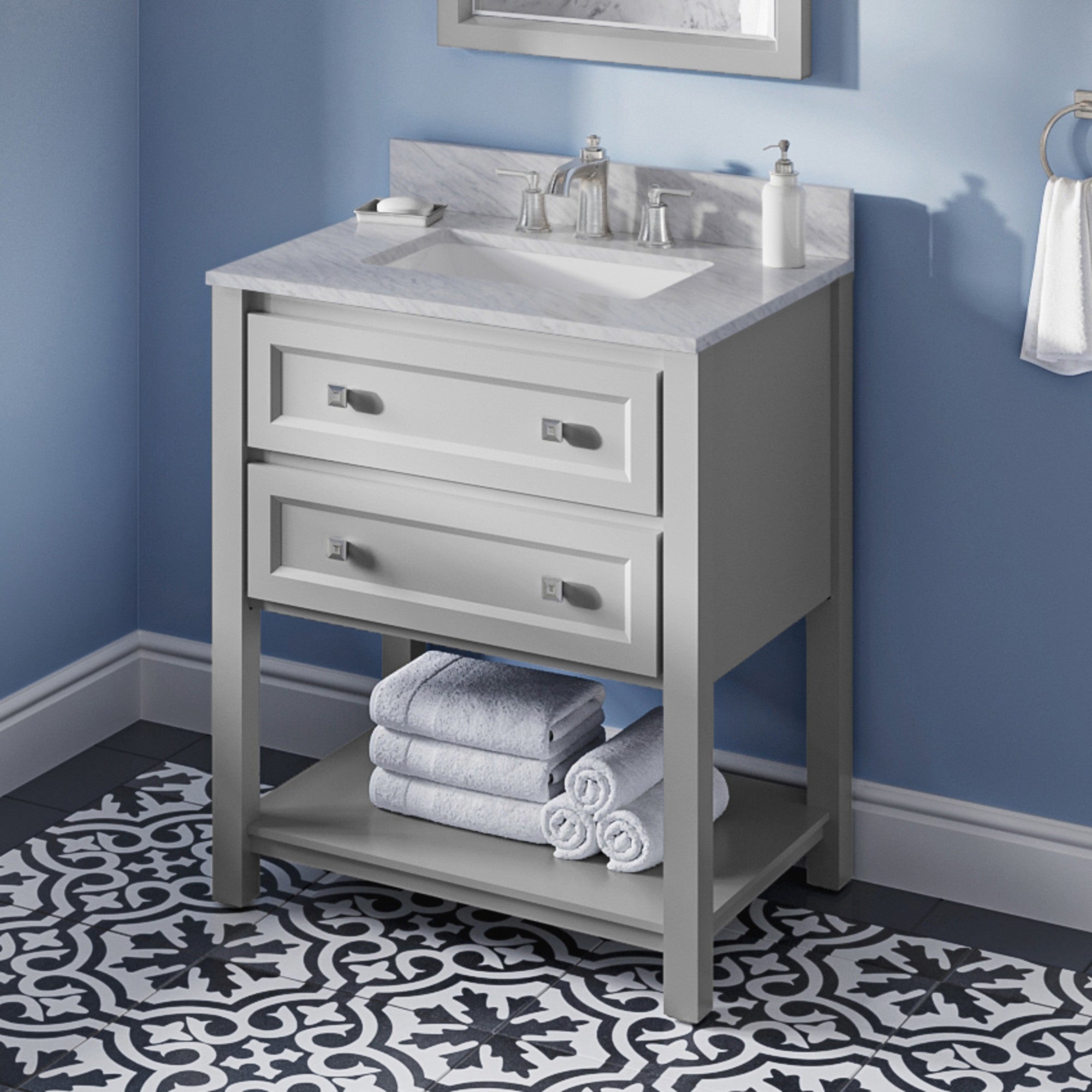 30" Grey Adler Vanity, White Carrara Marble Vanity Top, undermount rectangle bowl