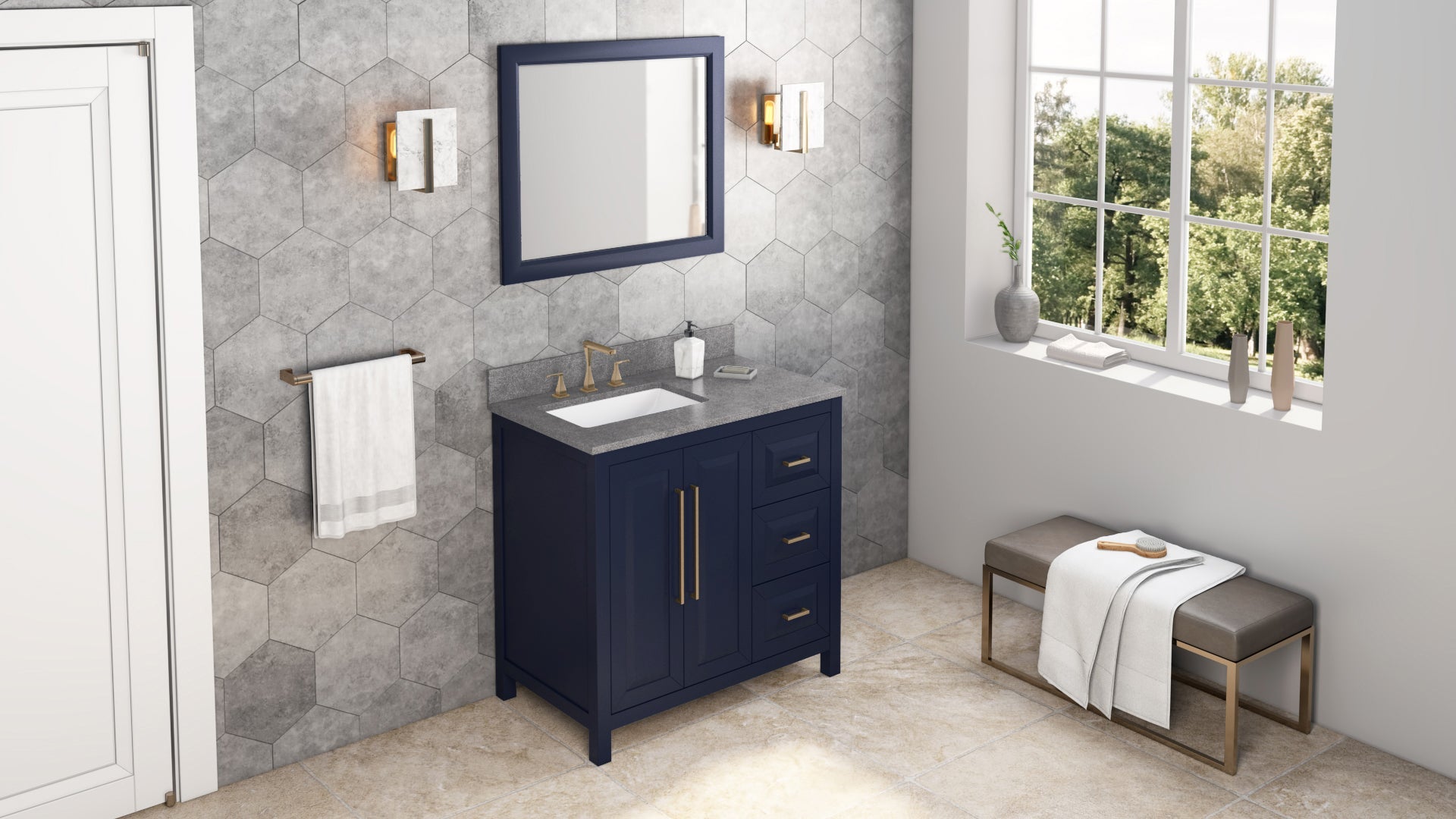 36" Hale Blue Cade Vanity, left offset, Steel Grey Cultured Marble Vanity Top, undermount rectangle bowl