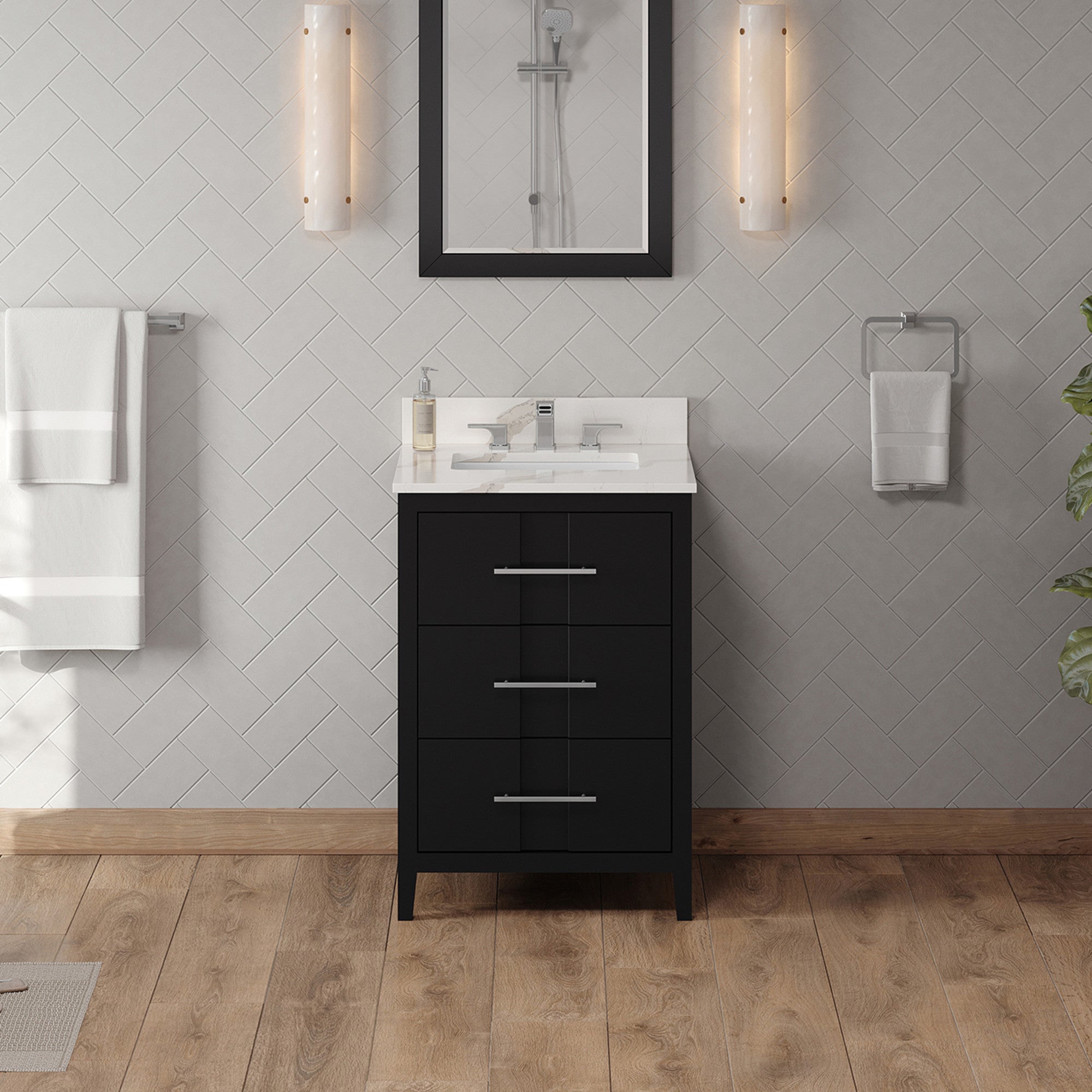 24" Black Katara Vanity, Calacatta Vienna Quartz Vanity Top, undermount rectangle bowl