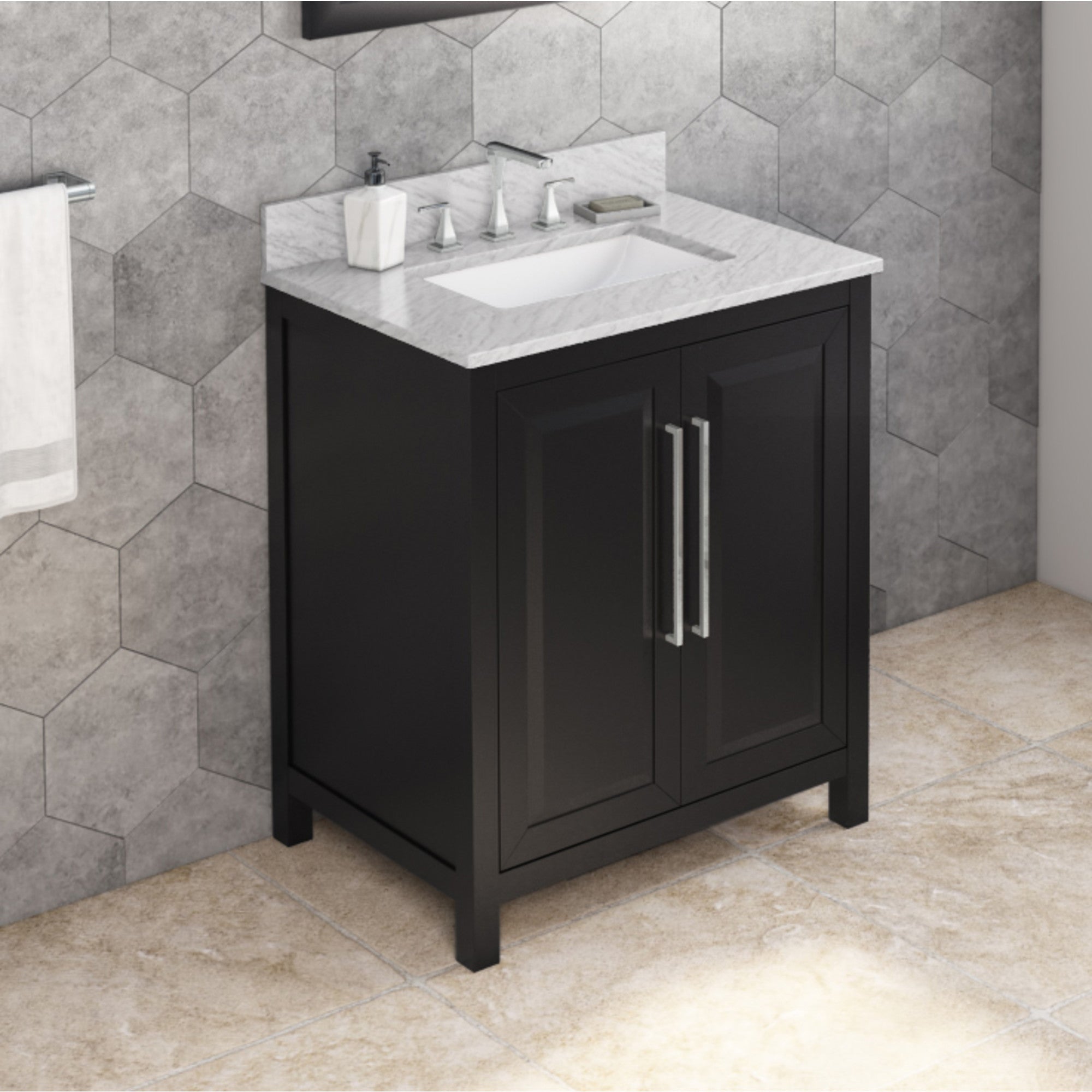 30" Black Cade Vanity, White Carrara Marble Vanity Top, undermount rectangle bowl