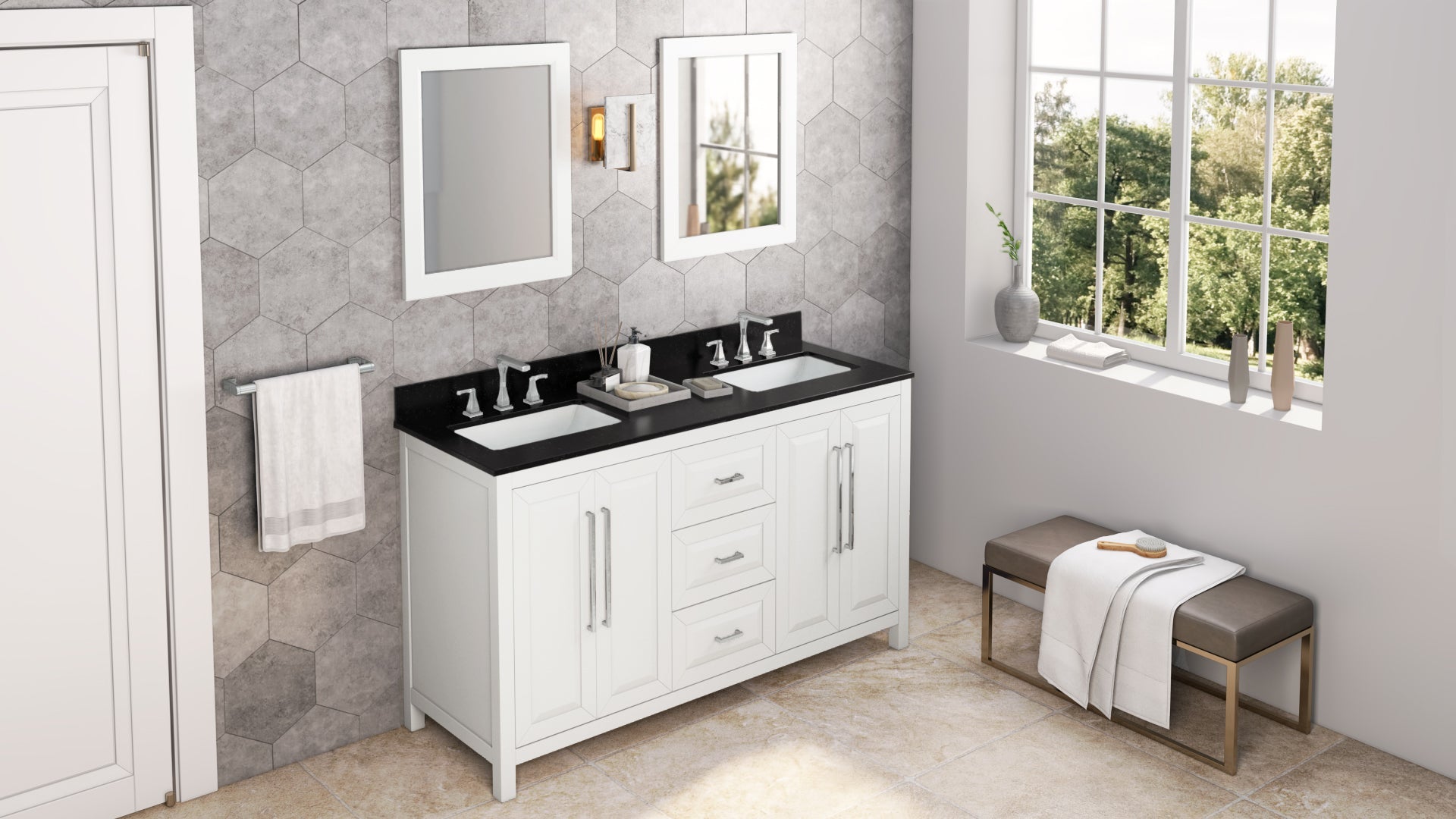 60" White Cade Vanity, double bowl, Black Granite Vanity Top, undermount rectangle bowl
