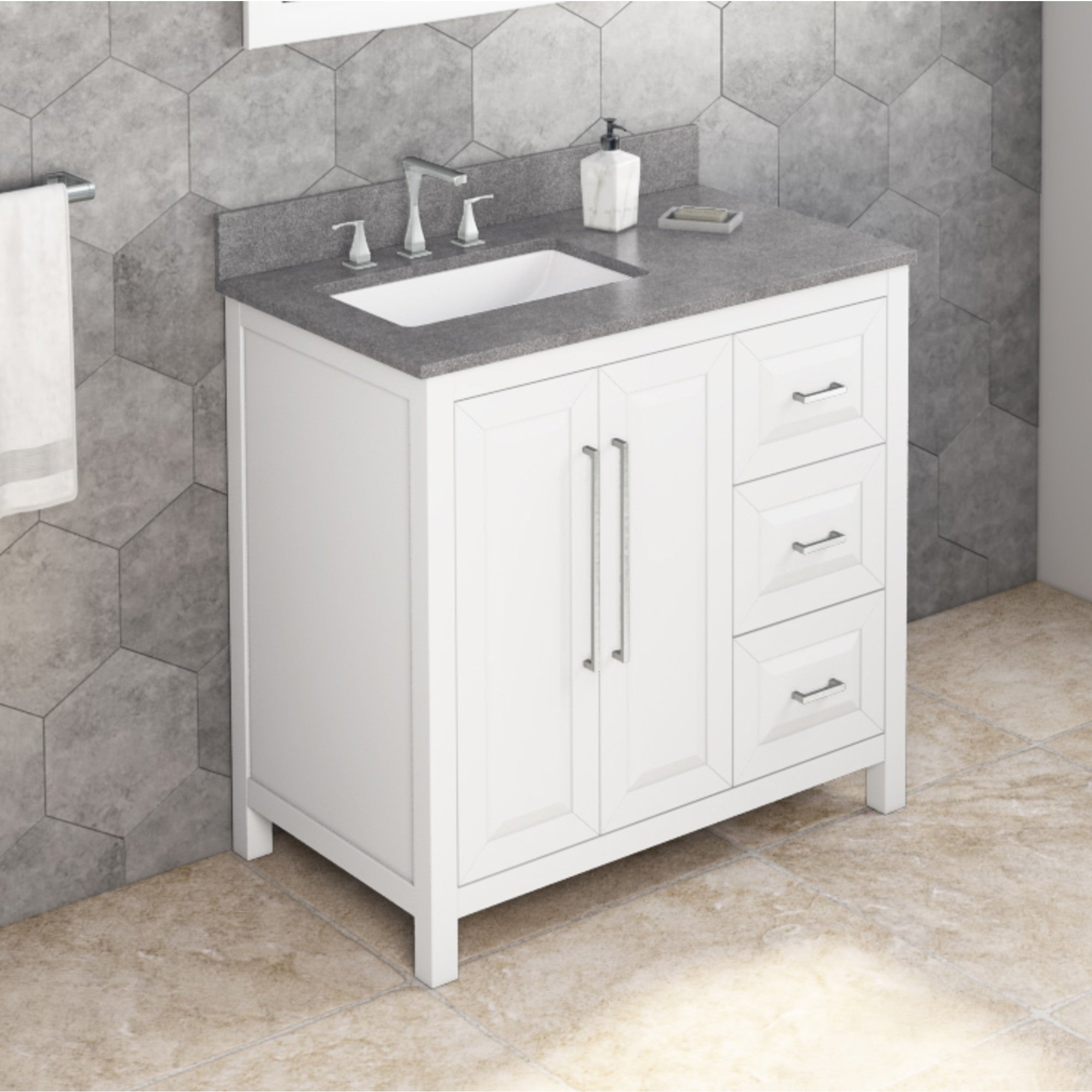 36" White Cade Vanity, left offset, Steel Grey Cultured Marble Vanity Top, undermount rectangle bowl