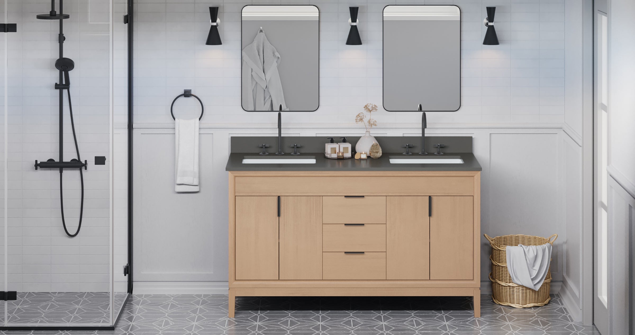 60" Theodora Vanity – Double Bowl – Natural Oak