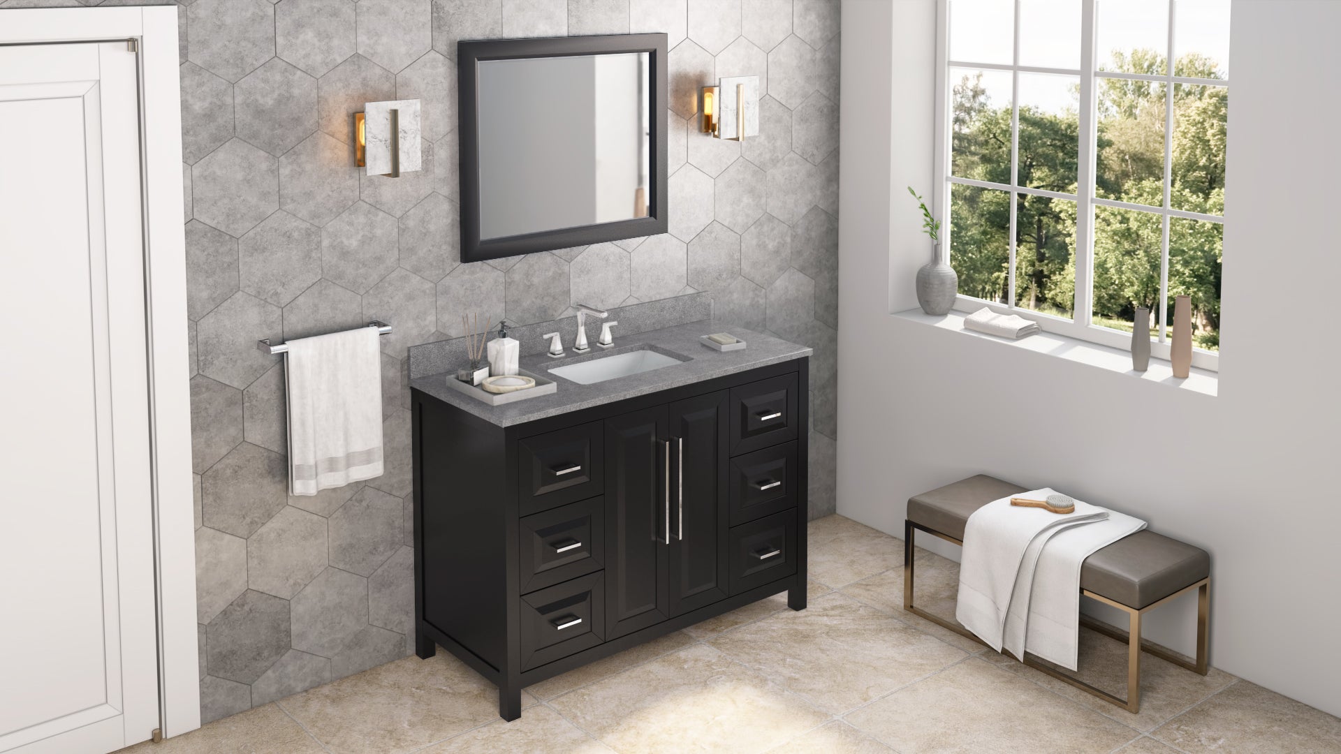48" Black Cade Vanity, Steel Grey Cultured Marble Vanity Top, undermount rectangle bowl