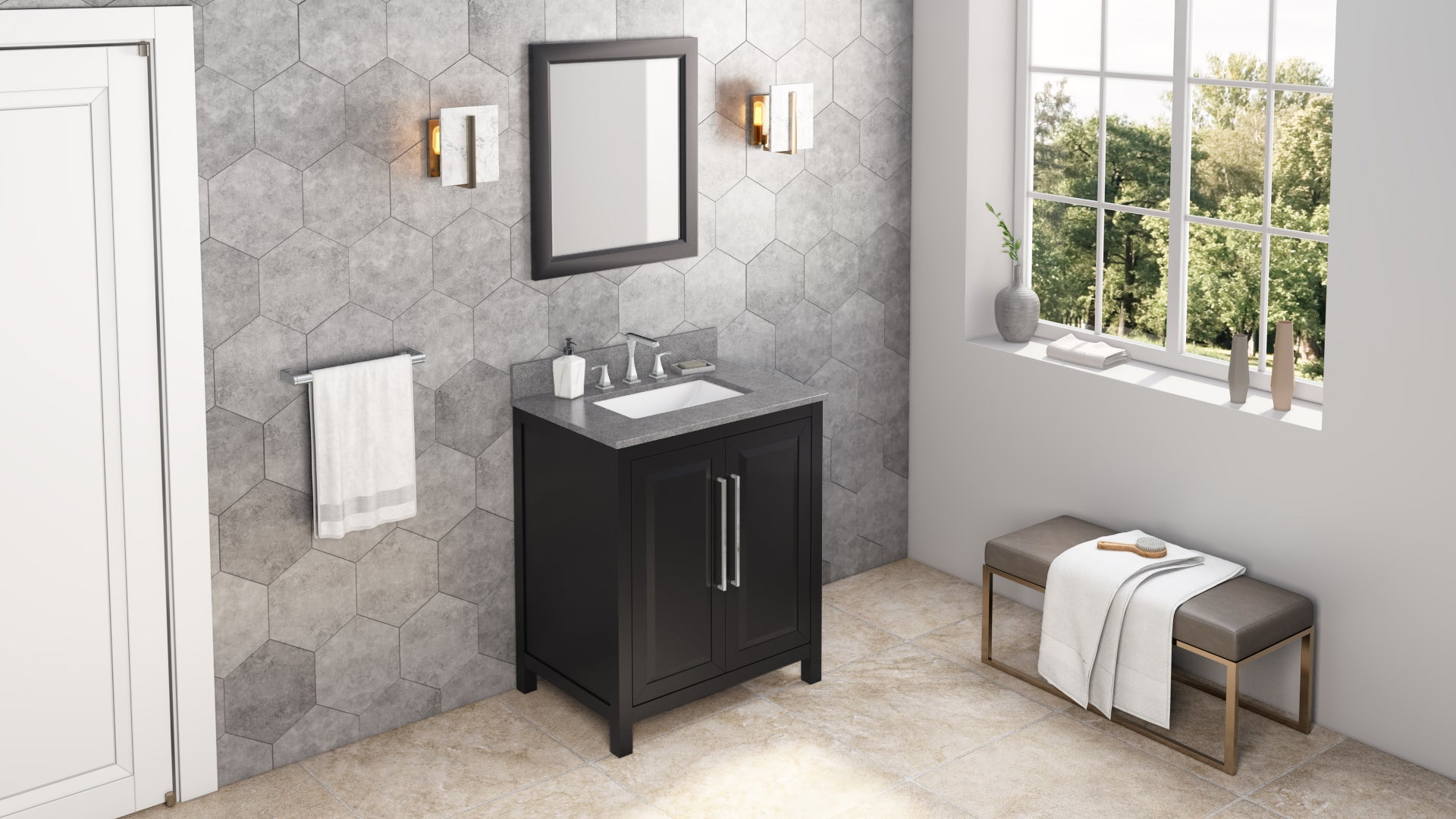 30" Black Cade Vanity, Steel Grey Cultured Marble Vanity Top, undermount rectangle bowl