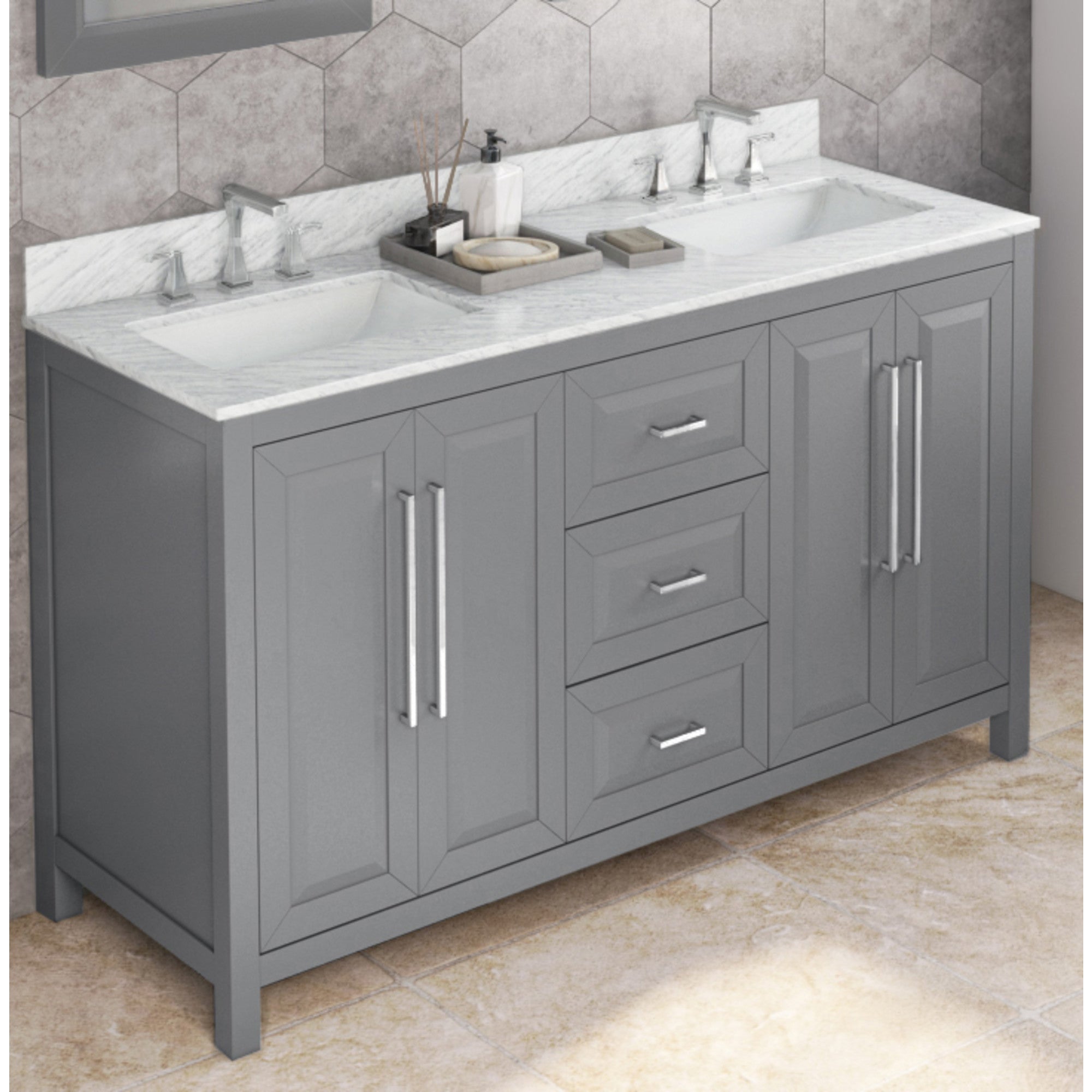 60" Grey Cade Vanity, double bowl, White Carrara Marble Vanity Top, undermount rectangle bowl