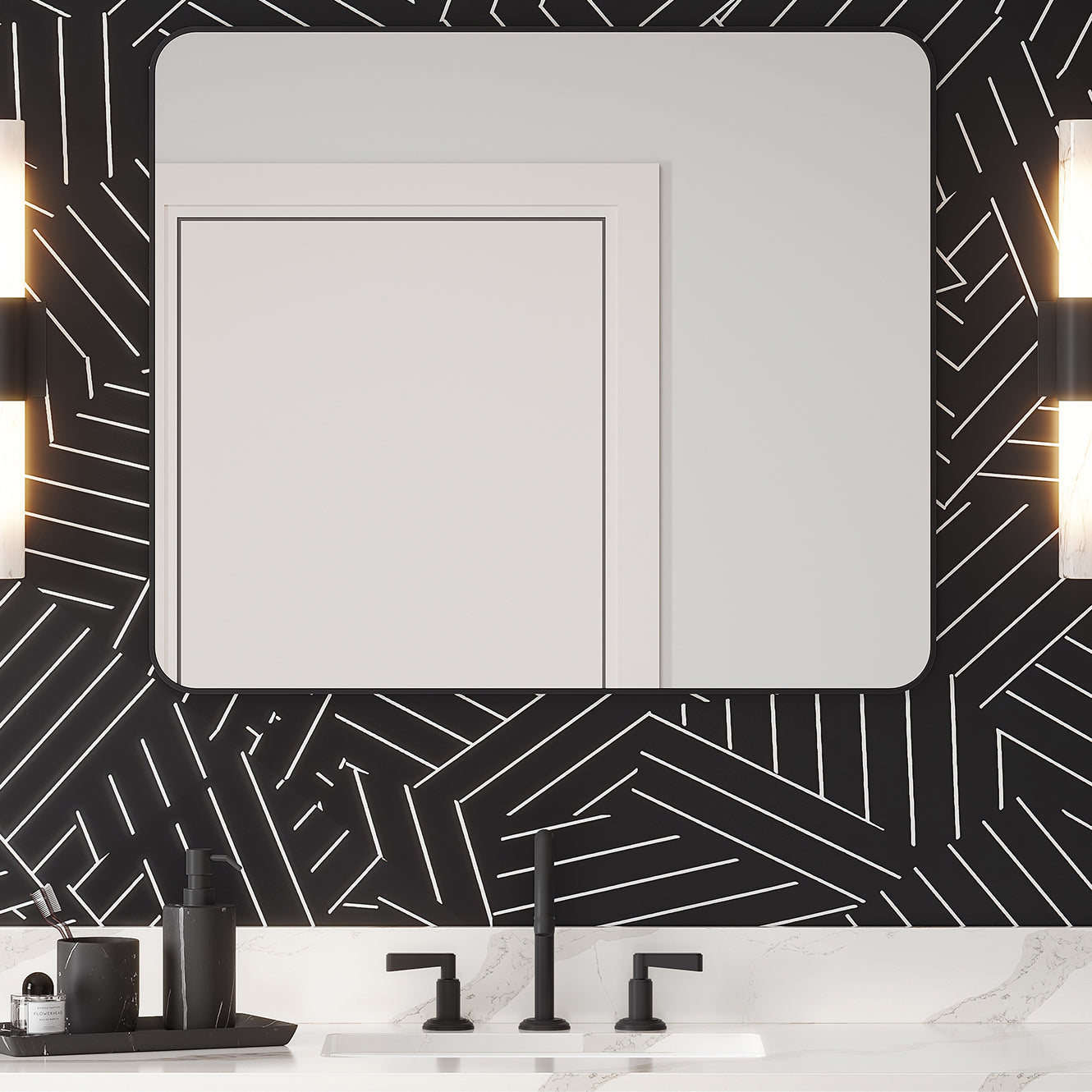 24" W x 1" D x 30" H Matte Black Rounded Rectangle Metal Frame Mirror