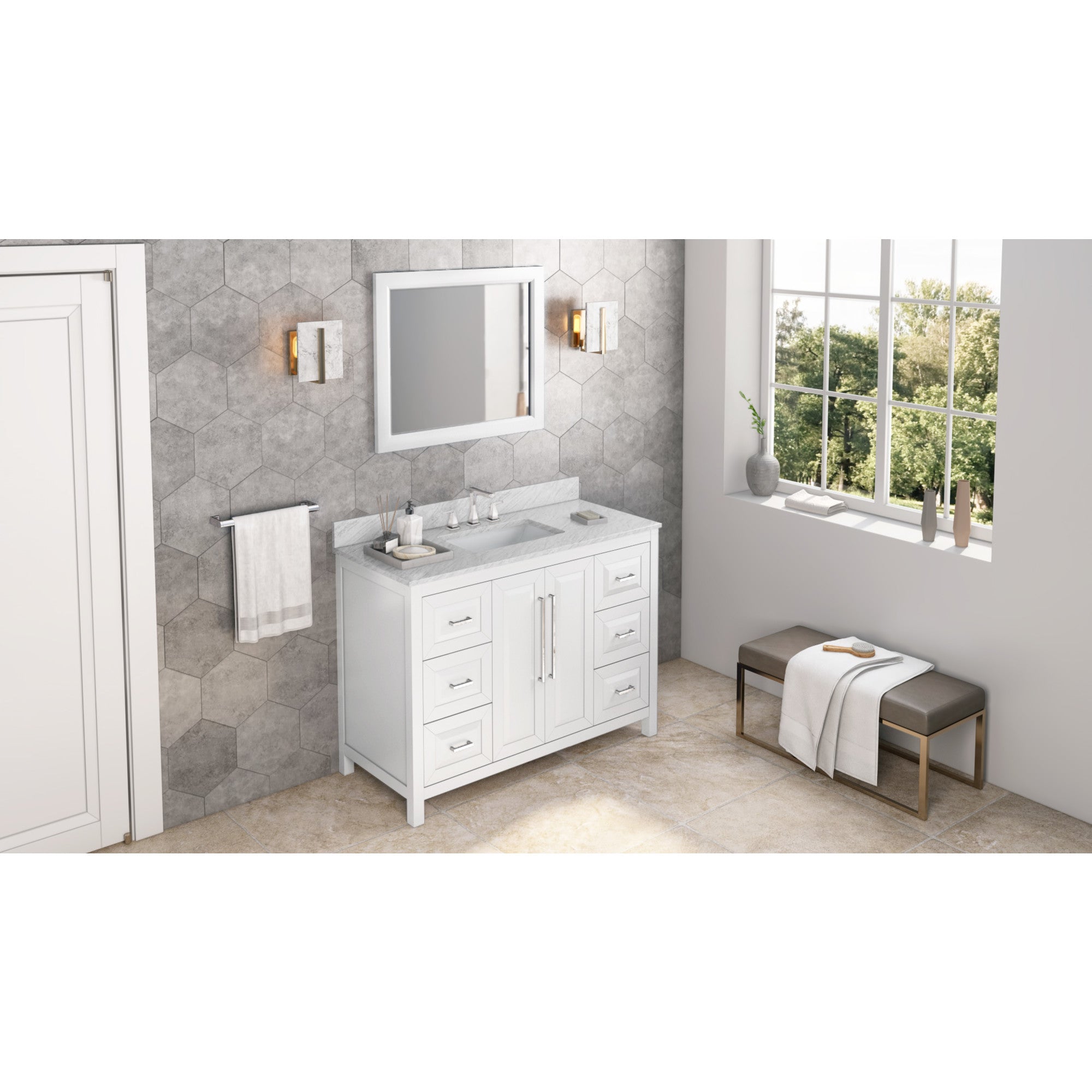 48" White Cade Vanity, White Carrara Marble Vanity Top, undermount rectangle bowl