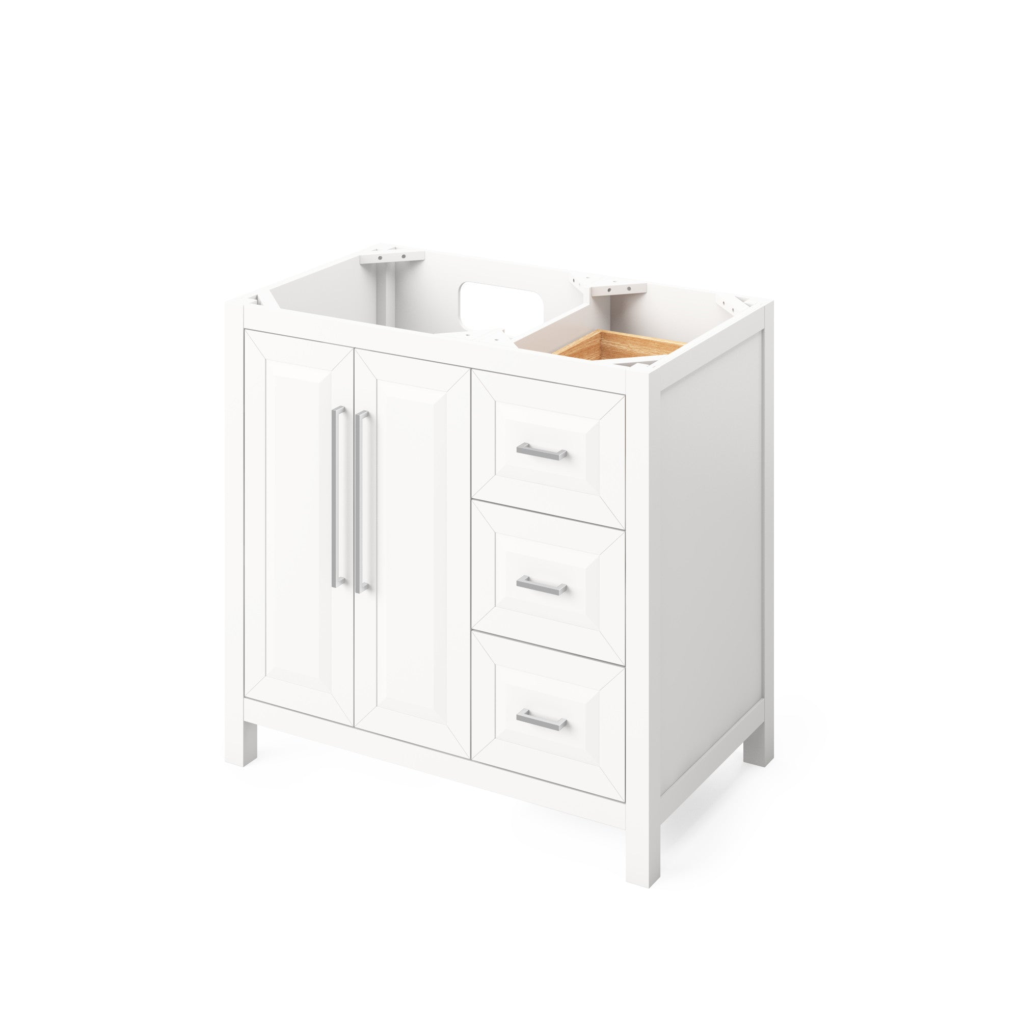 36" White Cade Vanity, left offset, Steel Grey Cultured Marble Vanity Top, undermount rectangle bowl
